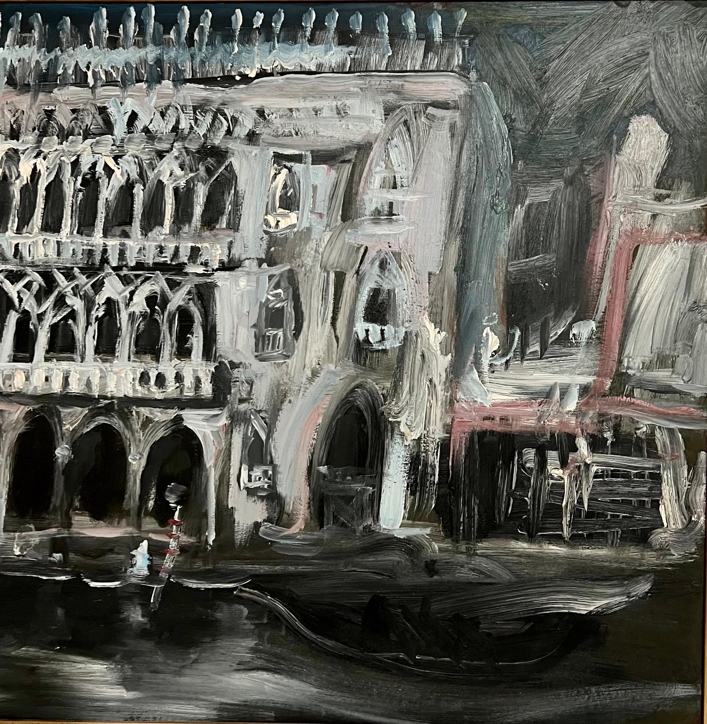 Large Expressionist Oil Painting Venice Palazzo, Gondola, Night Jonah Kinigstein 2