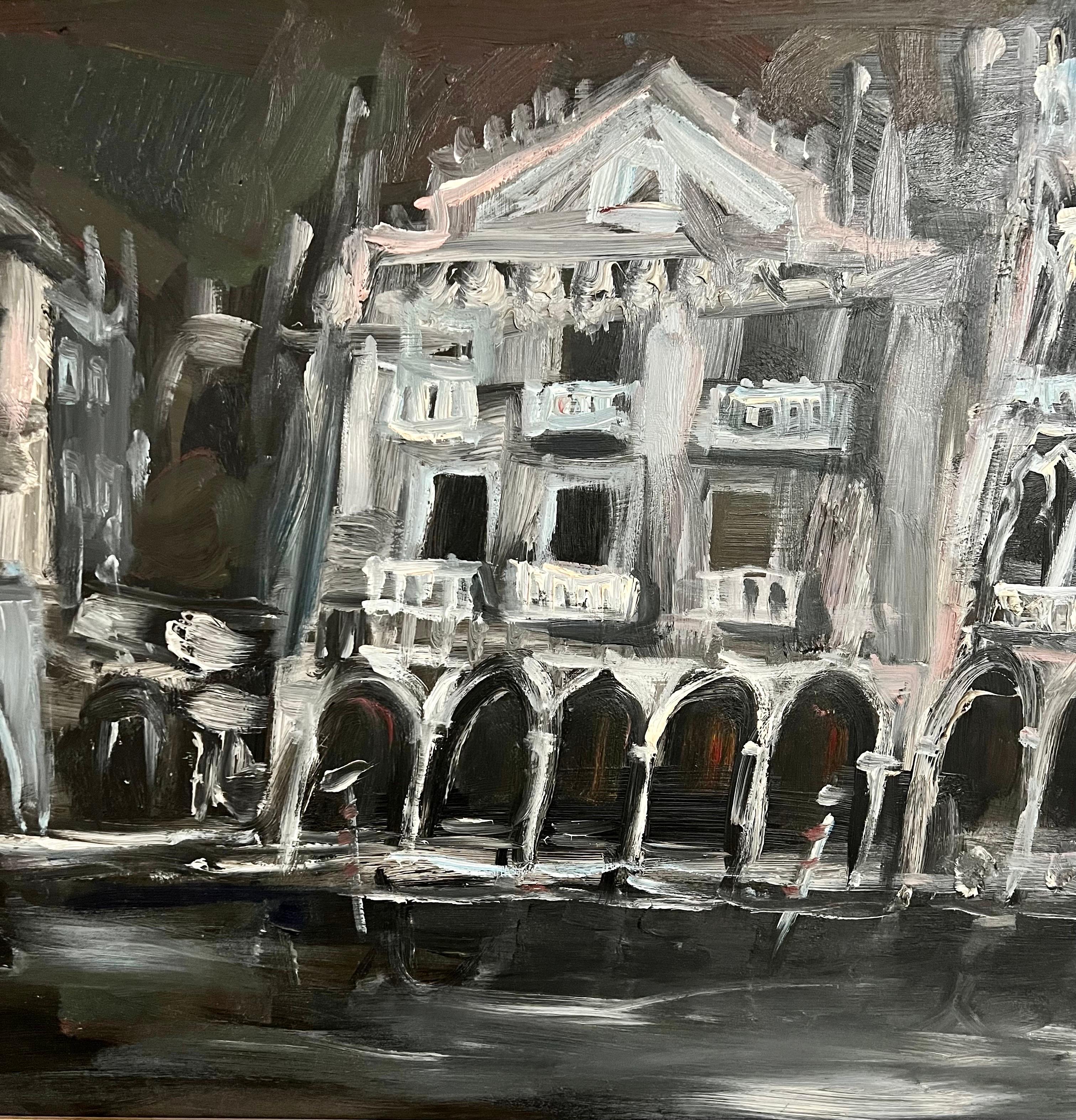 Large Expressionist Oil Painting Venice Palazzo, Gondola, Night Jonah Kinigstein 4