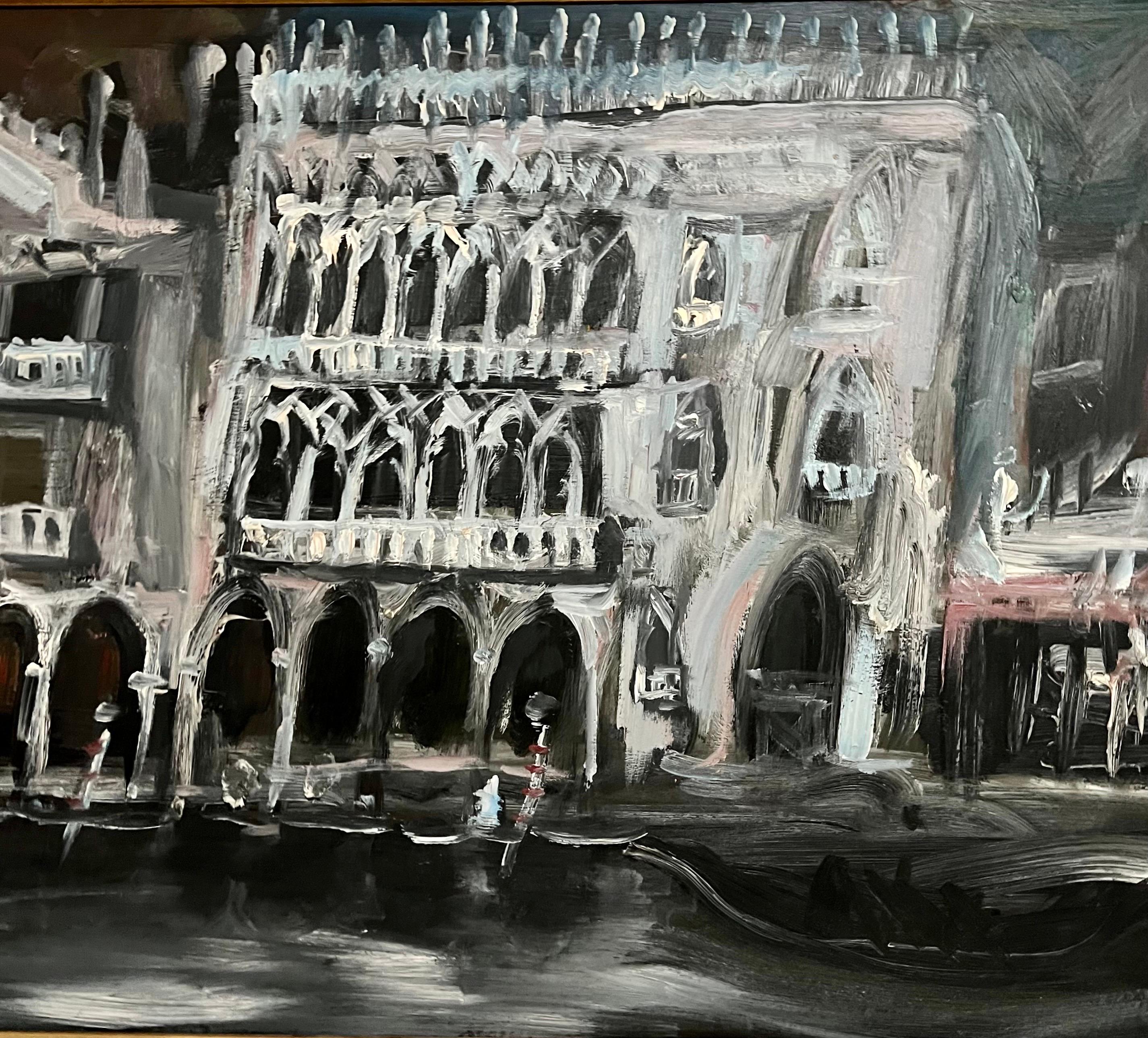 Large Expressionist Oil Painting Venice Palazzo, Gondola, Night Jonah Kinigstein 5