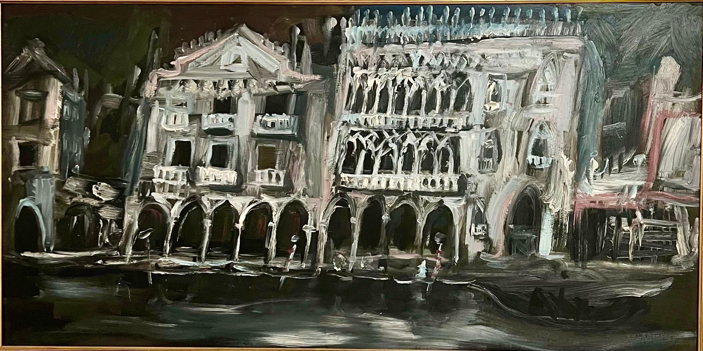 Large Expressionist Oil Painting Venice Palazzo, Gondola, Night Jonah Kinigstein