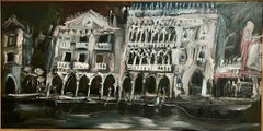 Large Expressionist Oil Painting Venice Palazzo, Gondola, Night Jonah Kinigstein