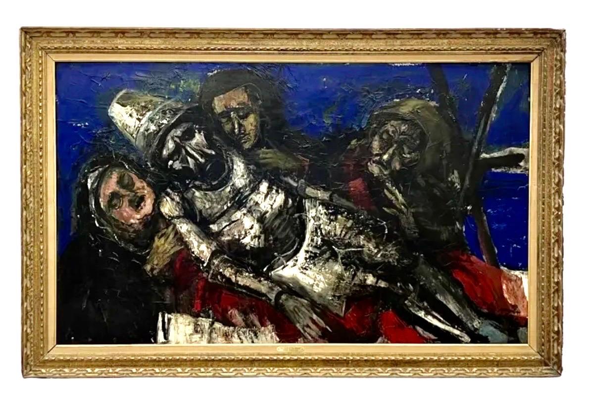 Grande peinture à l'huile expressionniste figurative Redécouverte d'un artiste de la ville de New York - Gris Portrait Painting par Jonah Kinigstein