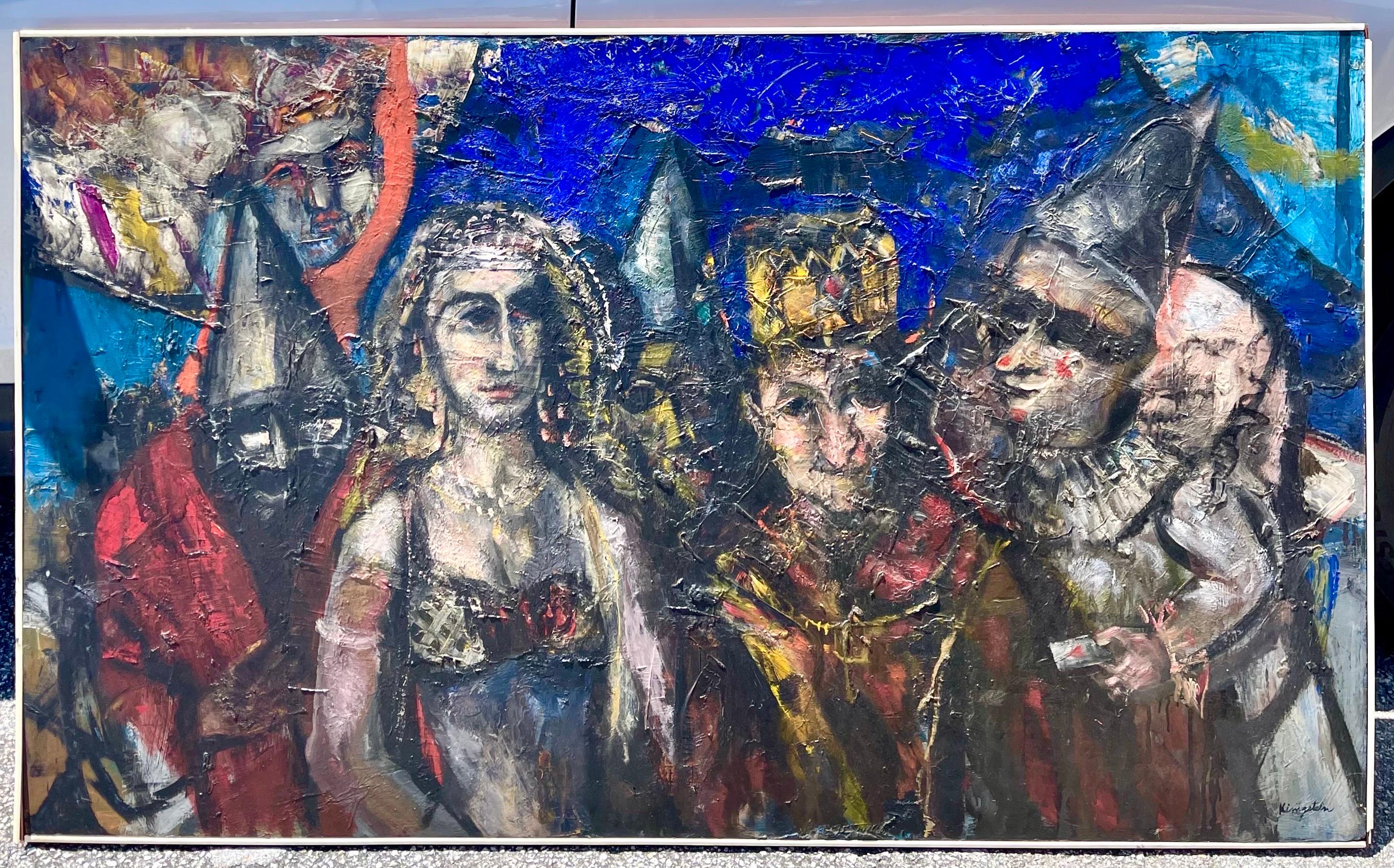 König und Königin mit Clowns und Narren. Kühnes, farbenfrohes, expressionistisches, meisterhaftes Gemälde.

Jonah Kinigstein (geb. 1923) ist ein amerikanischer Maler der Nachkriegszeit und der Gegenwart. Er arbeitet in einem figurativen