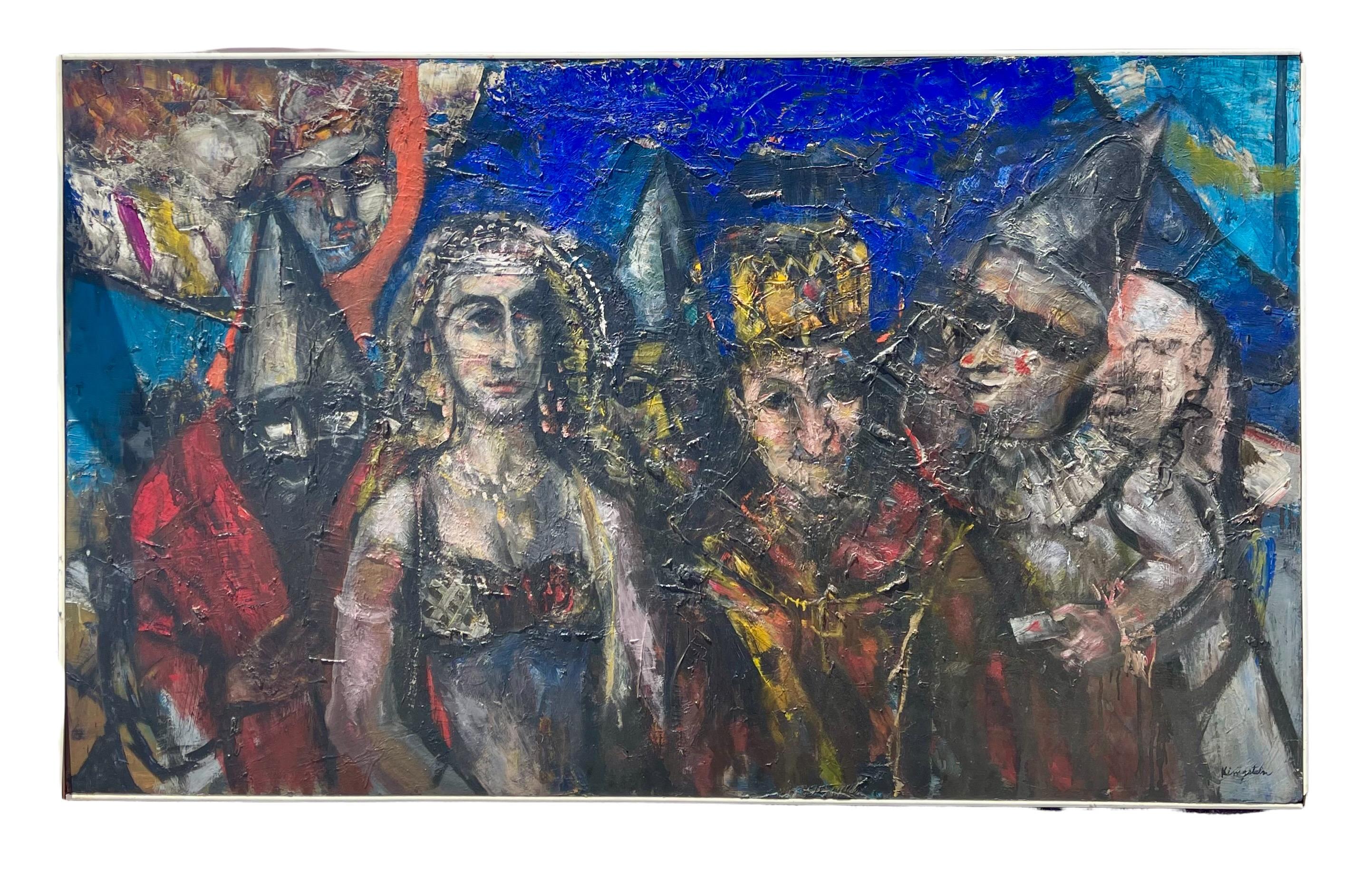 Le roi et la reine avec les clowns et les bouffons. Peinture audacieuse, colorée, expressionniste et magistrale.

Jonah Kinigstein (né en 1923) est un peintre américain d'après-guerre et contemporain. Il travaille dans un style expressionniste