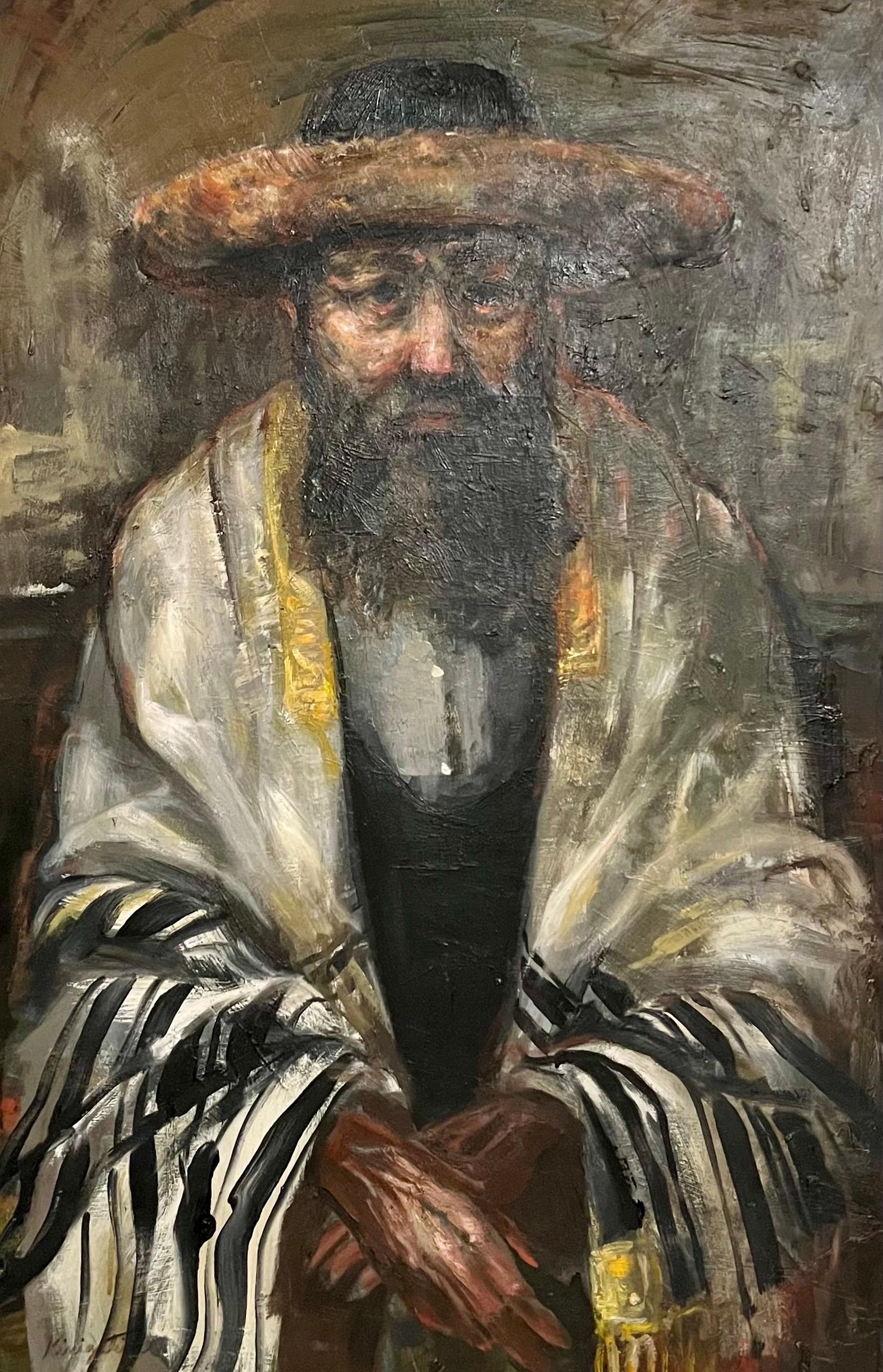 Gran Pintura al Óleo Judaica Rabino Redescubierto Artista NY Simchat Torá - Portrait Painting Marrón de Jonah Kinigstein