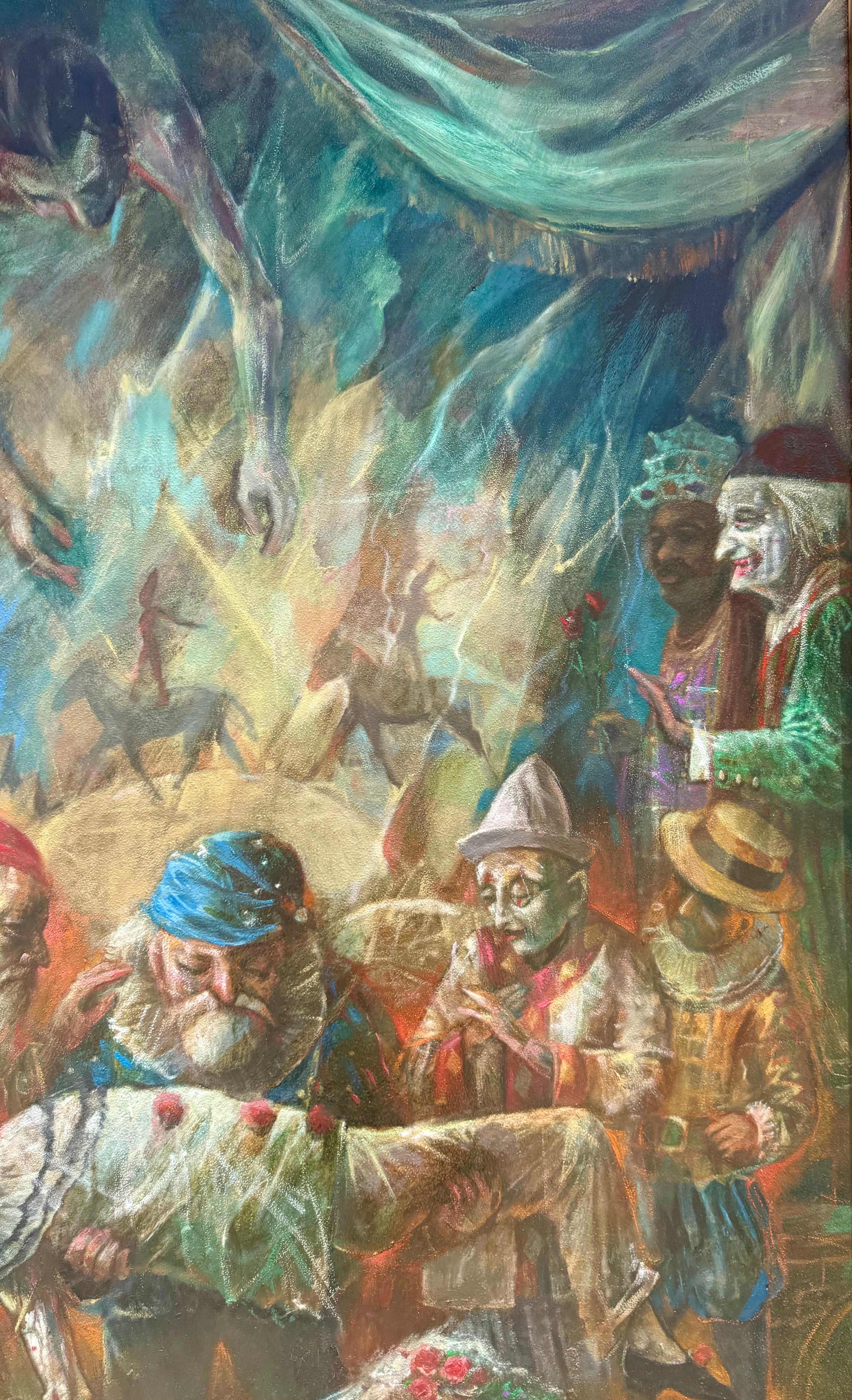Grande peinture à l'huile Scène de cirque Clowns Redécouverte NY Artiste Jonah Kinigstein en vente 9