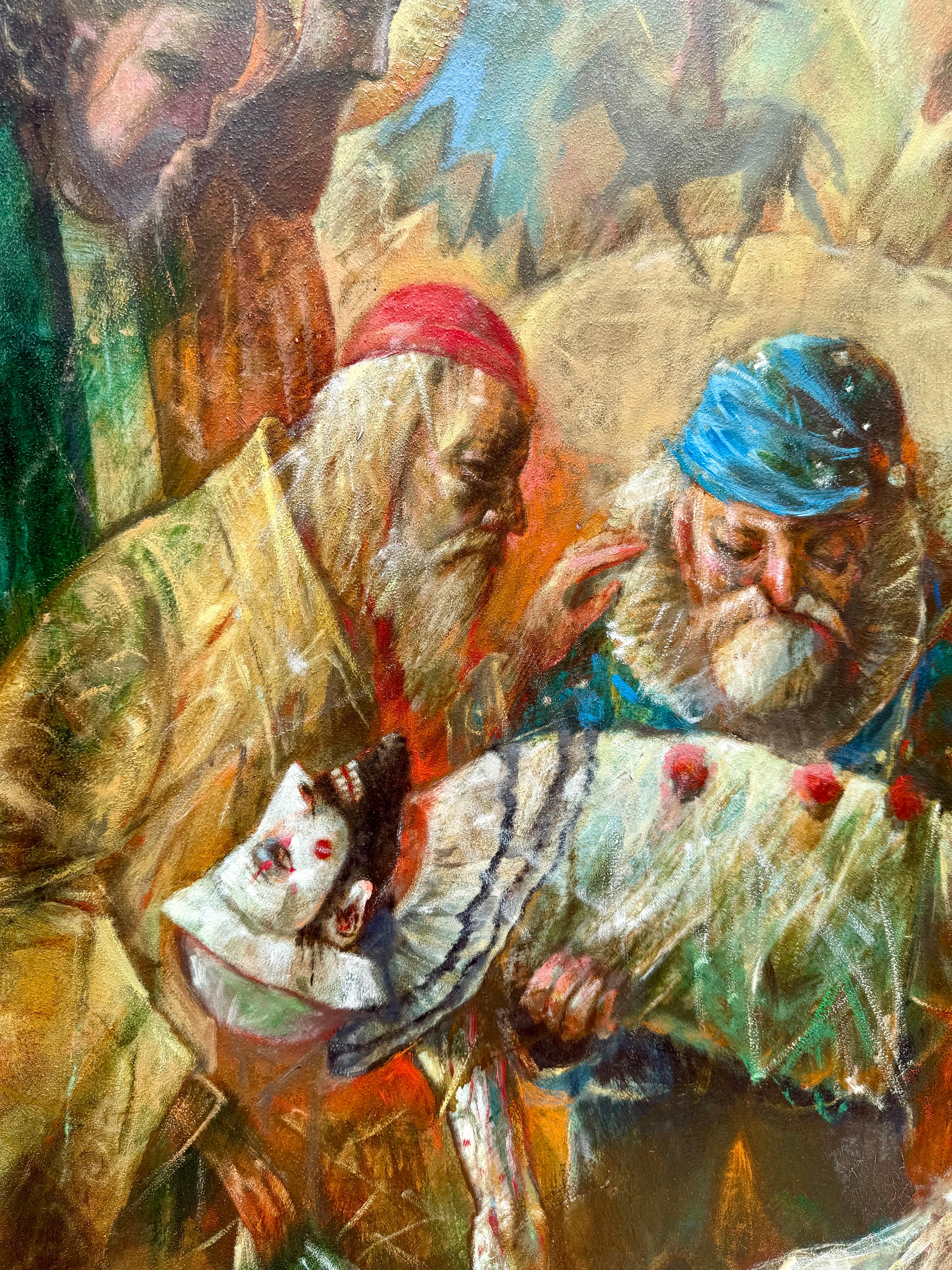 Grande peinture à l'huile Scène de cirque Clowns Redécouverte NY Artiste Jonah Kinigstein en vente 11