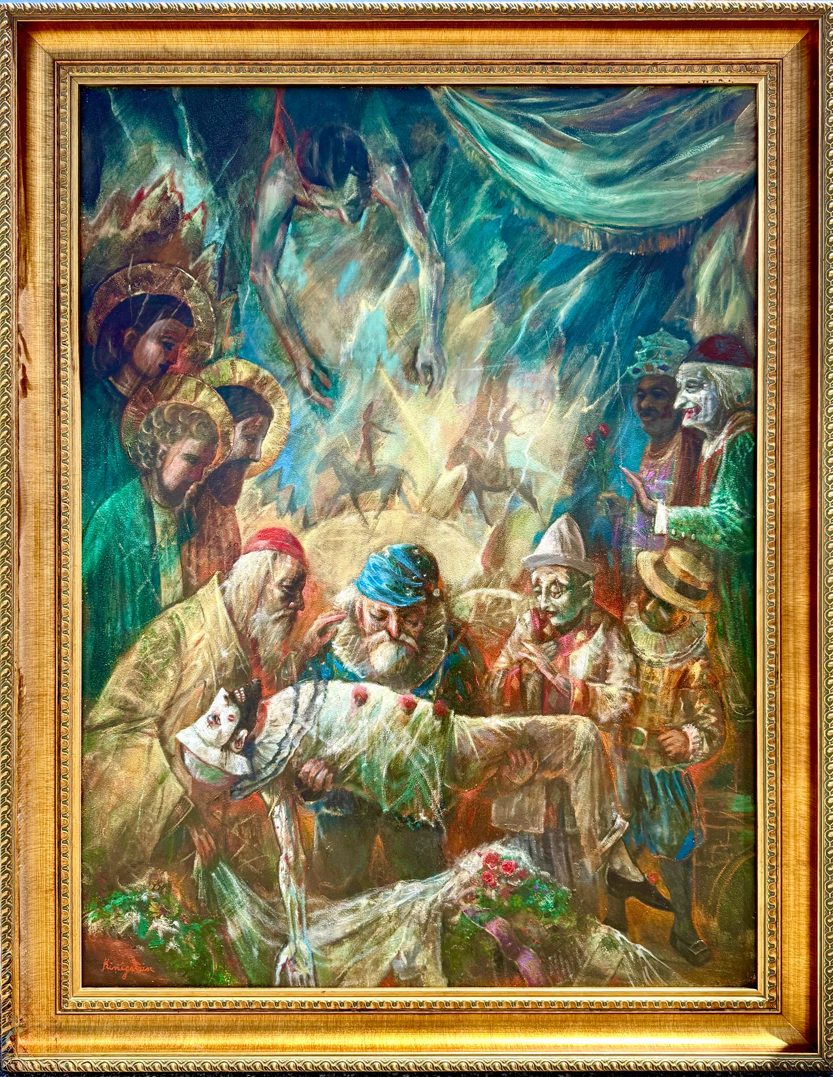 Grande peinture à l'huile Scène de cirque Clowns Redécouverte NY Artiste Jonah Kinigstein en vente 1