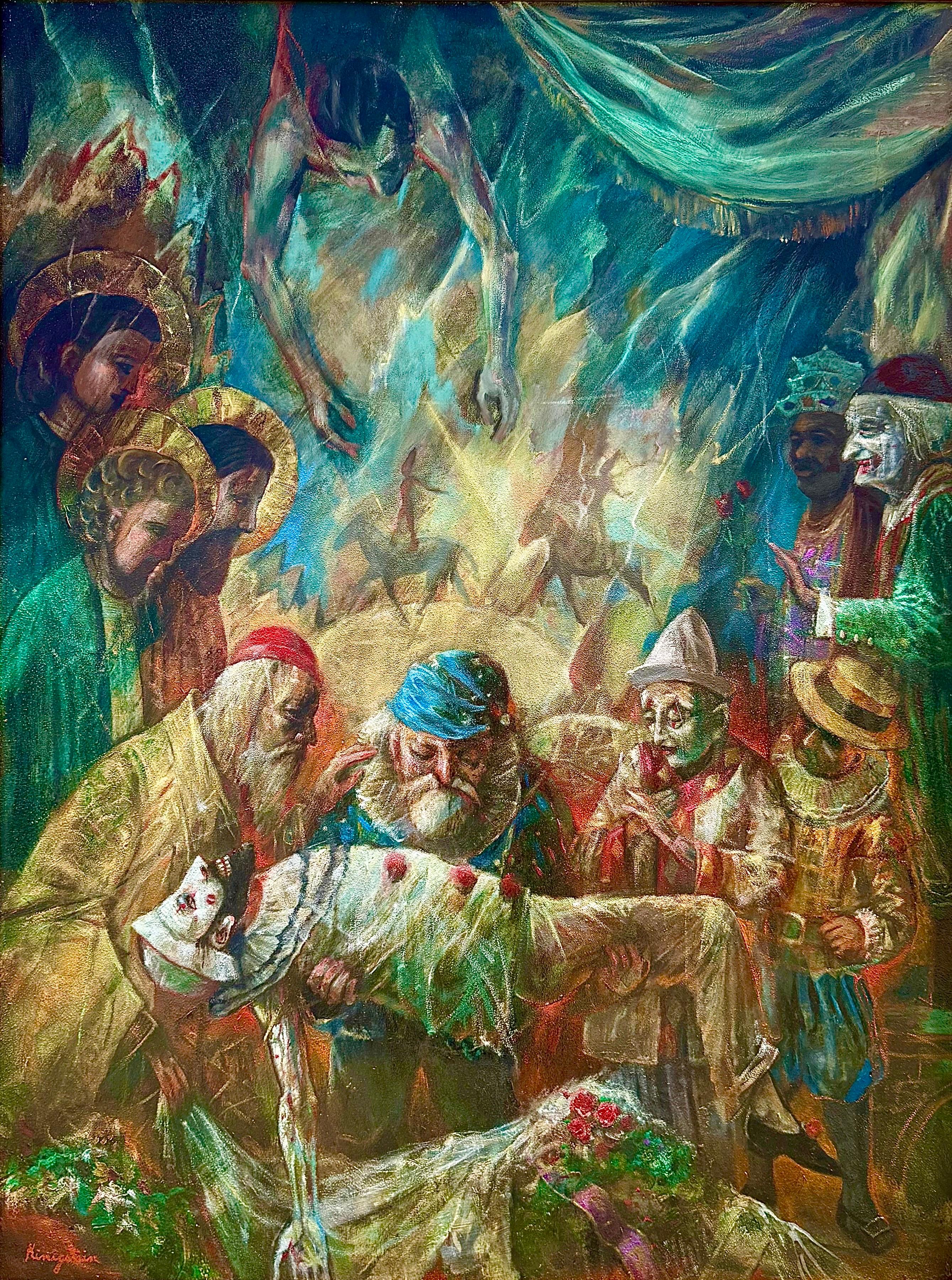 Grande peinture à l'huile Scène de cirque Clowns Redécouverte NY Artiste Jonah Kinigstein en vente 2