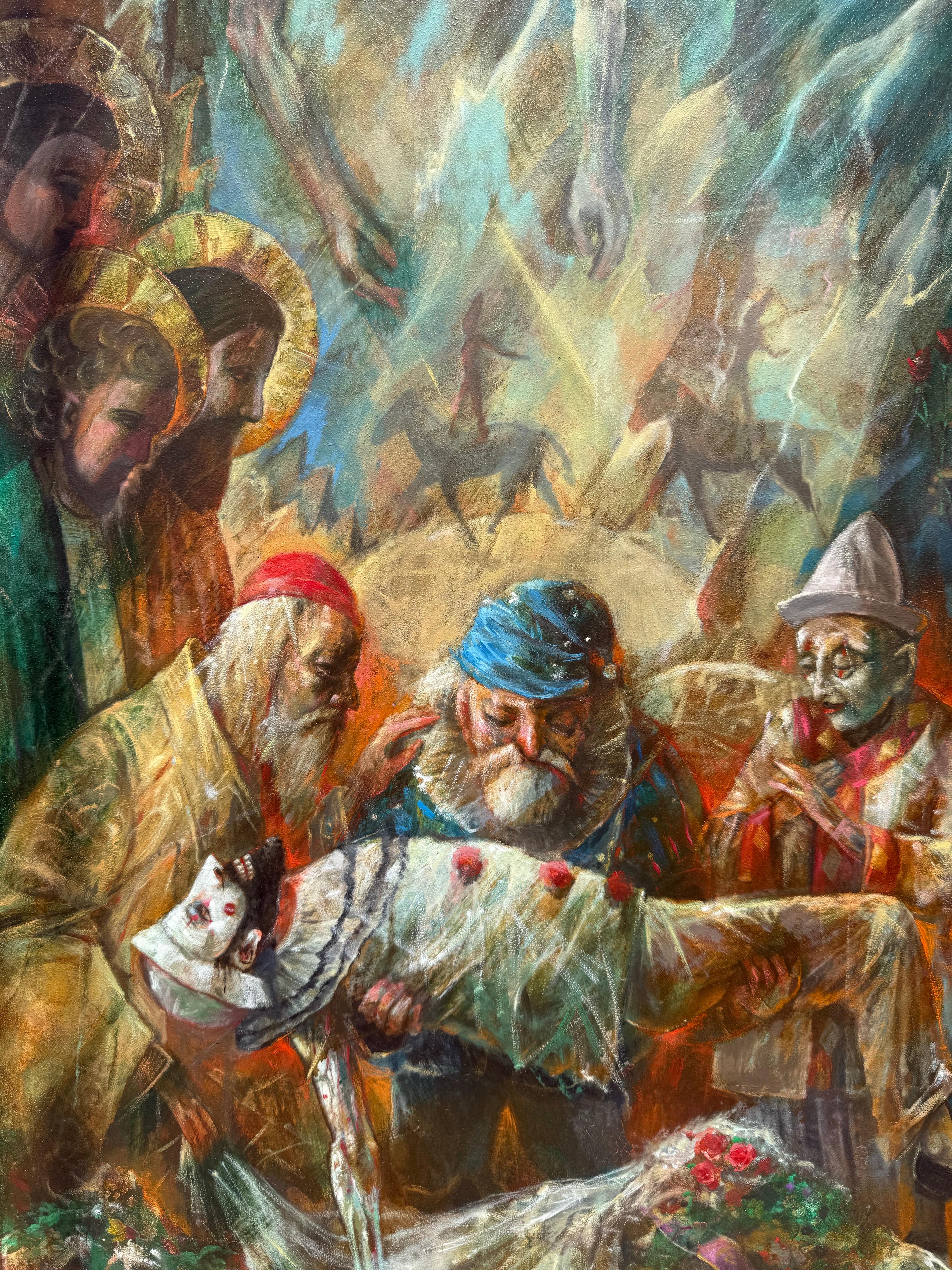 Grande peinture à l'huile Scène de cirque Clowns Redécouverte NY Artiste Jonah Kinigstein en vente 3