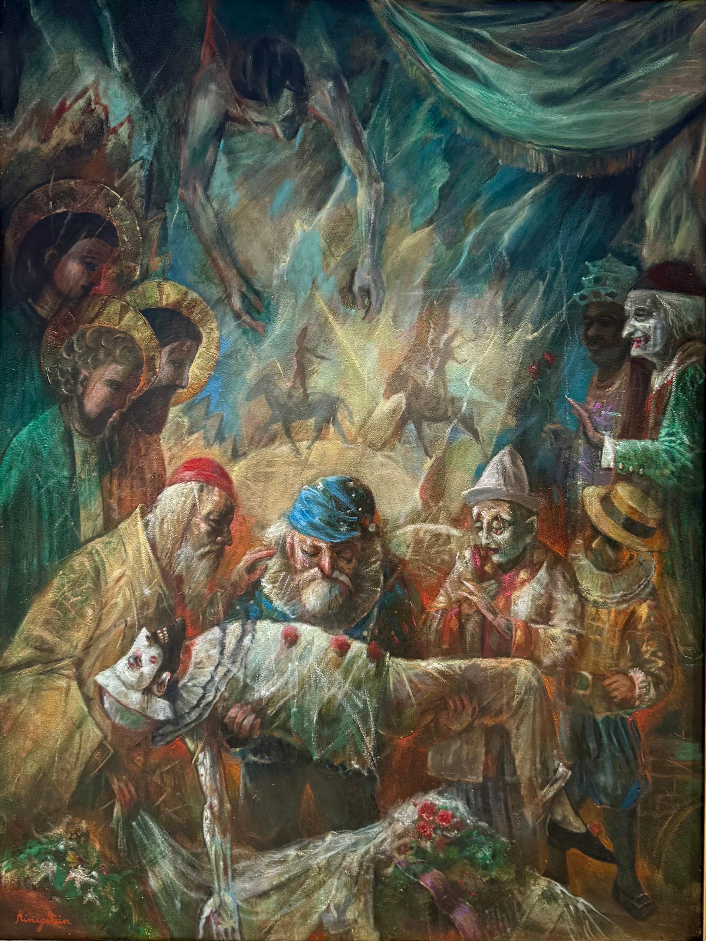 Grande peinture à l'huile Scène de cirque Clowns Redécouverte NY Artiste Jonah Kinigstein en vente 4