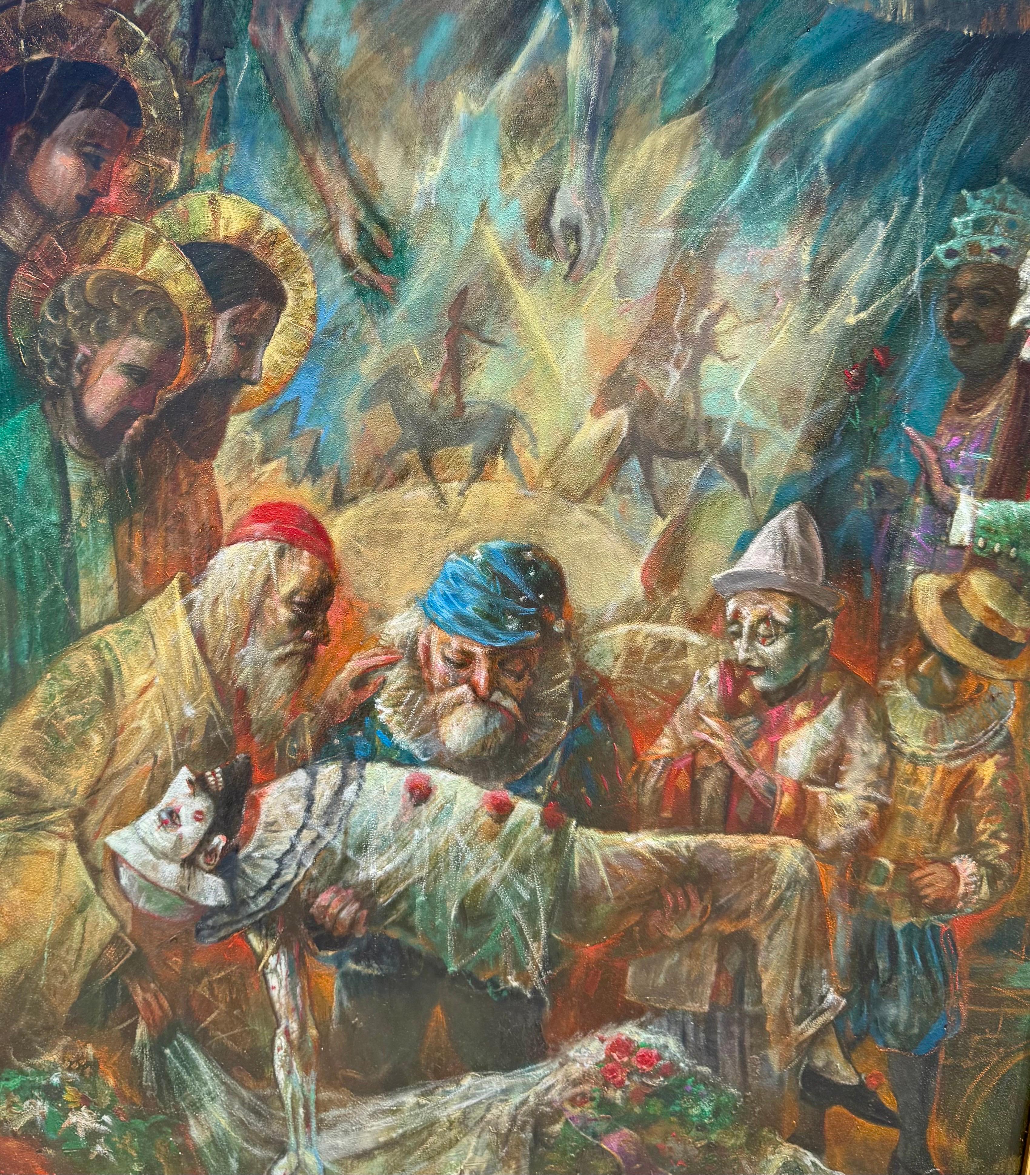 Grande peinture à l'huile Scène de cirque Clowns Redécouverte NY Artiste Jonah Kinigstein en vente 5