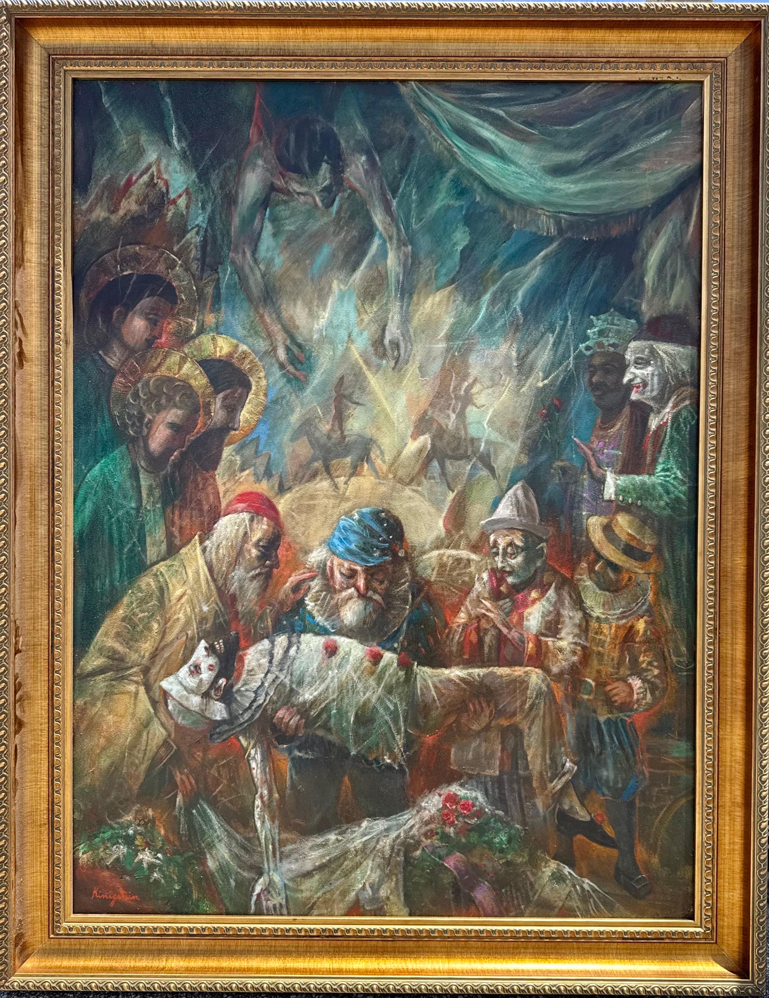 Grande peinture à l'huile Scène de cirque Clowns Redécouverte NY Artiste Jonah Kinigstein en vente 6