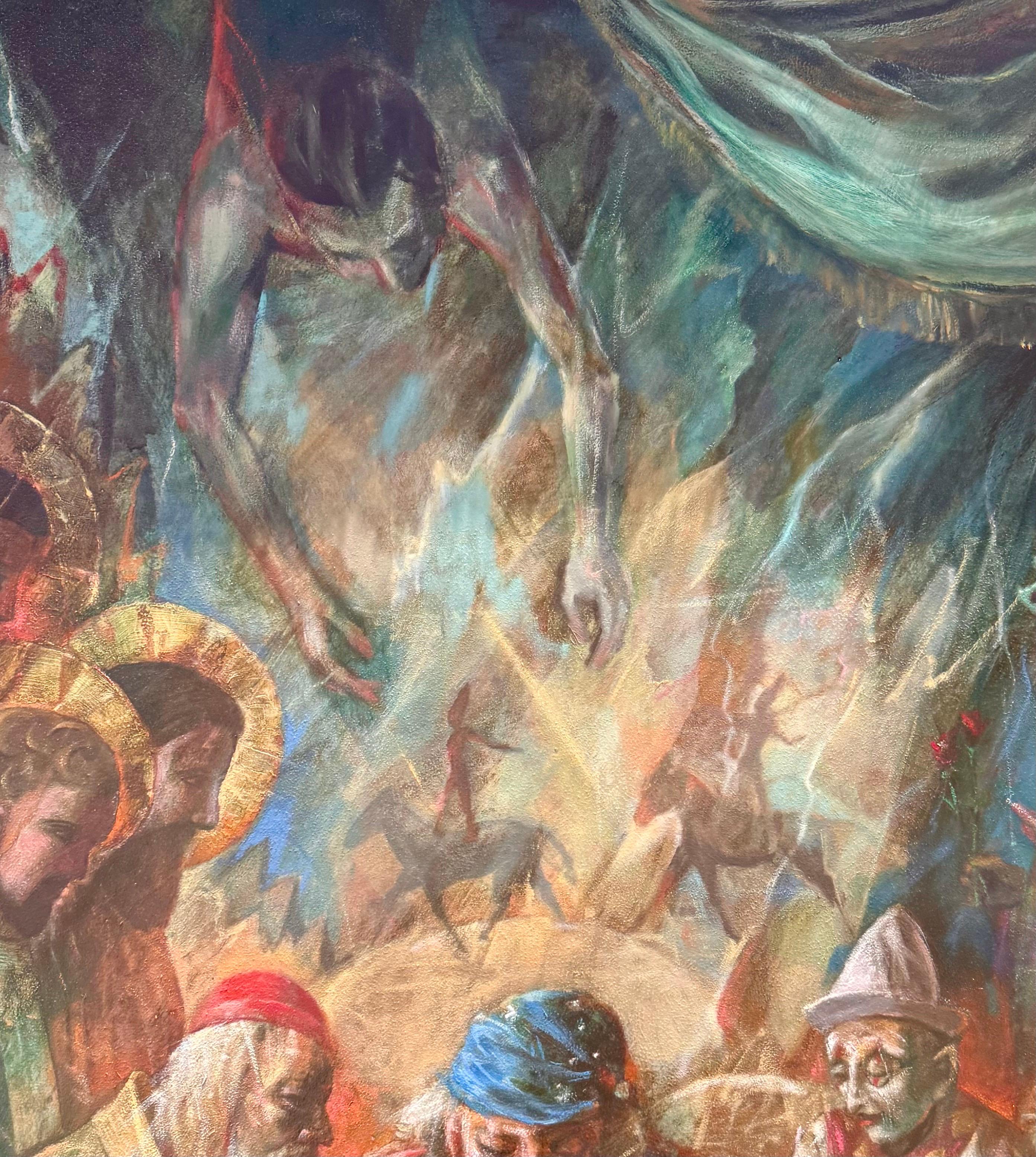 Grande peinture à l'huile Scène de cirque Clowns Redécouverte NY Artiste Jonah Kinigstein en vente 7