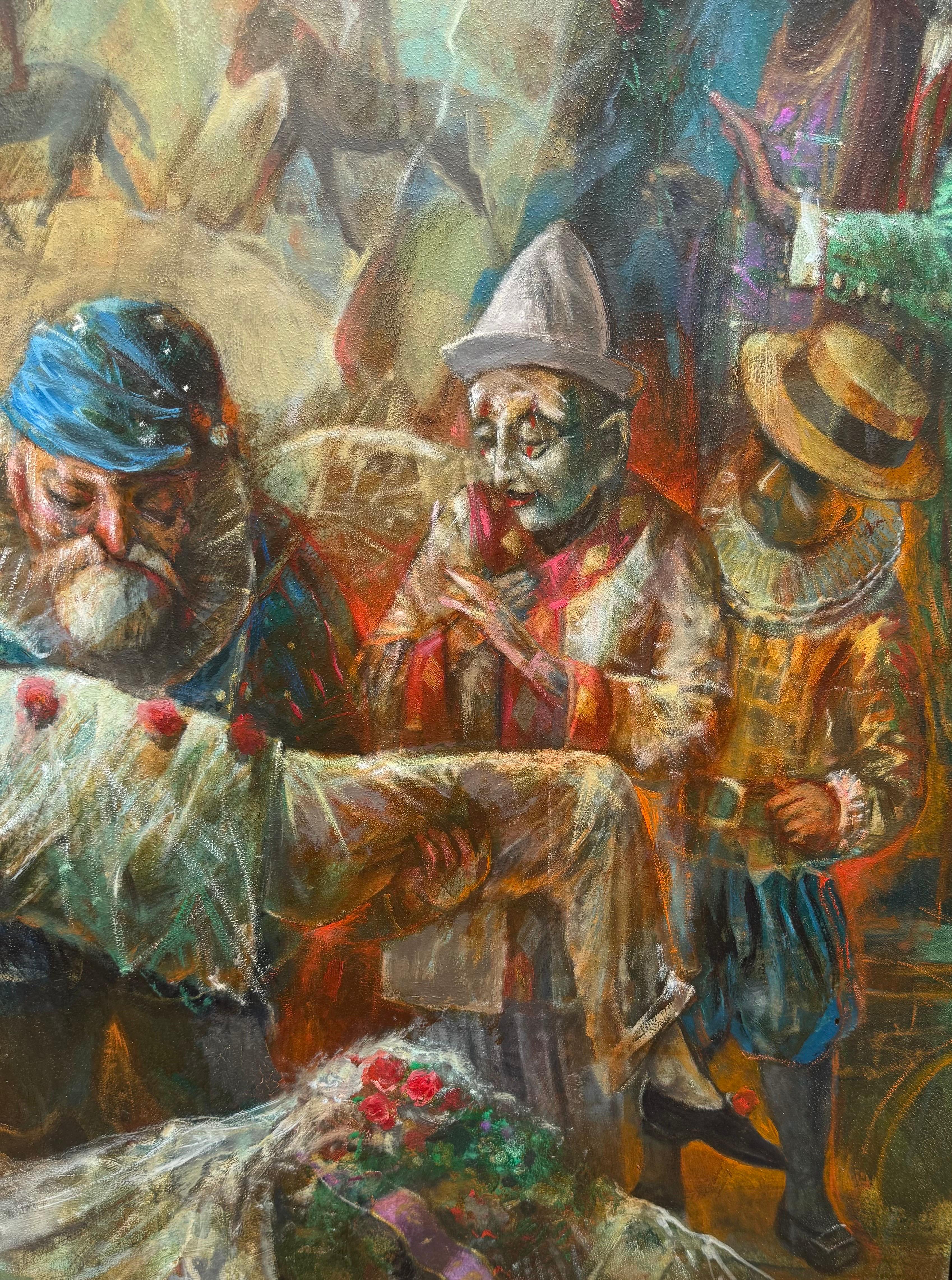 Grande peinture à l'huile Scène de cirque Clowns Redécouverte NY Artiste Jonah Kinigstein en vente 8
