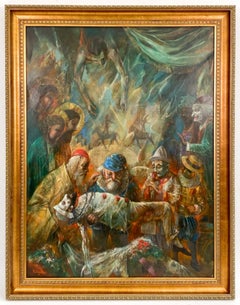 Grande peinture à l'huile Scène de cirque Clowns Redécouverte NY Artiste Jonah Kinigstein