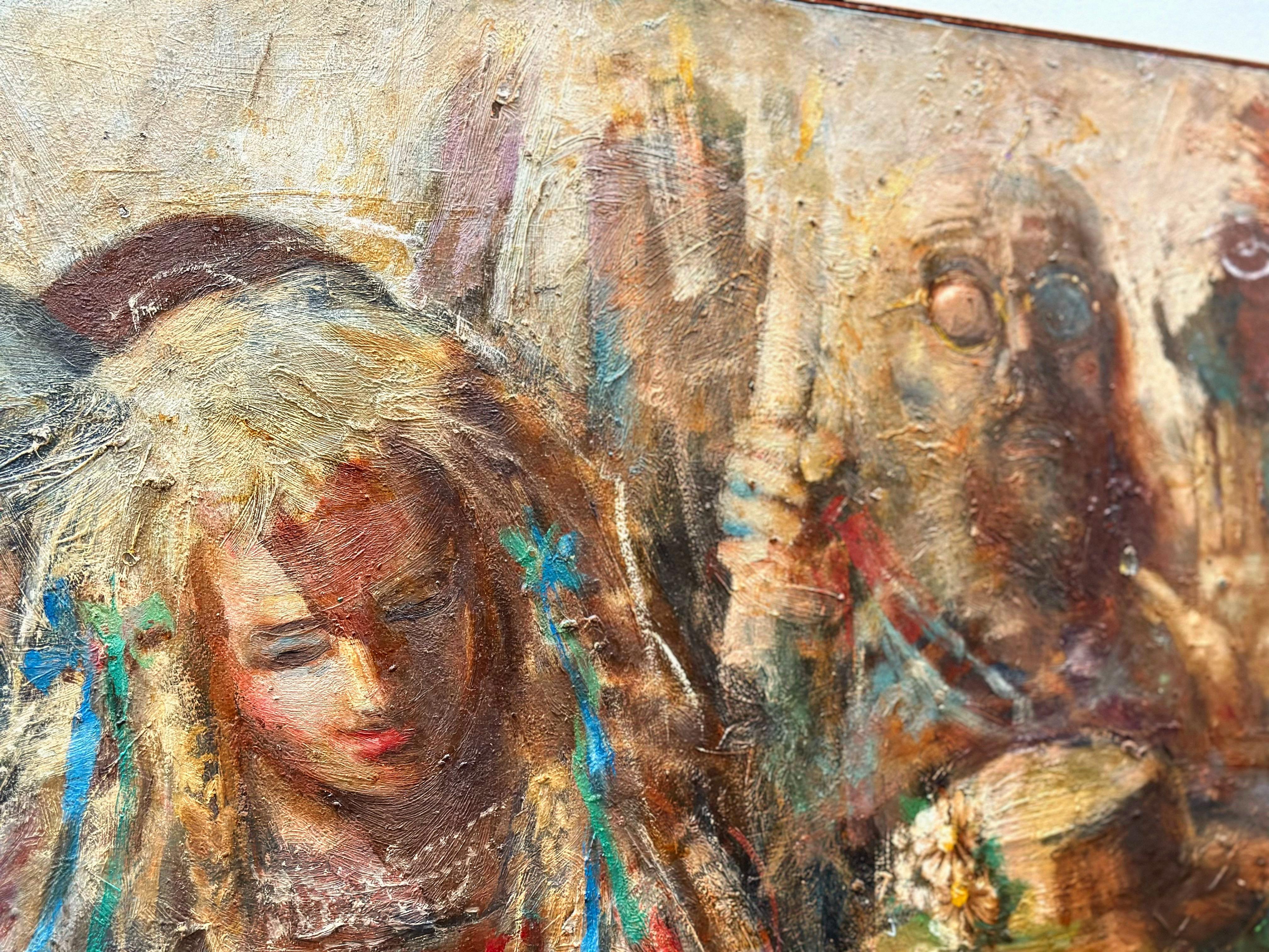 Fin du 20e siècle Jonah Kinigstein - huile sur panneau impressionniste abstraite - mariage d'enfants à fleurs en vente