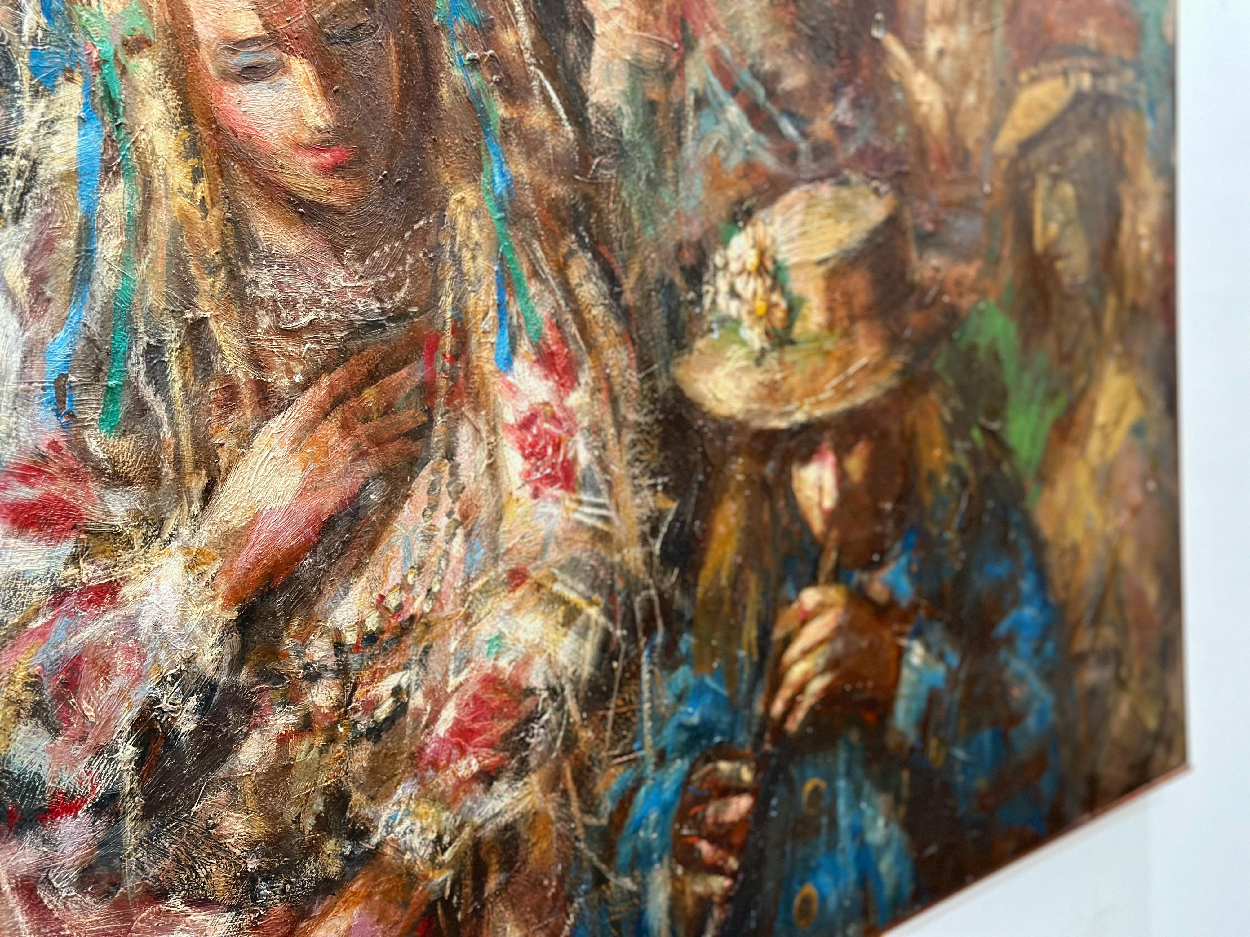 Jonah Kinigstein - huile sur panneau impressionniste abstraite - mariage d'enfants à fleurs en vente 2