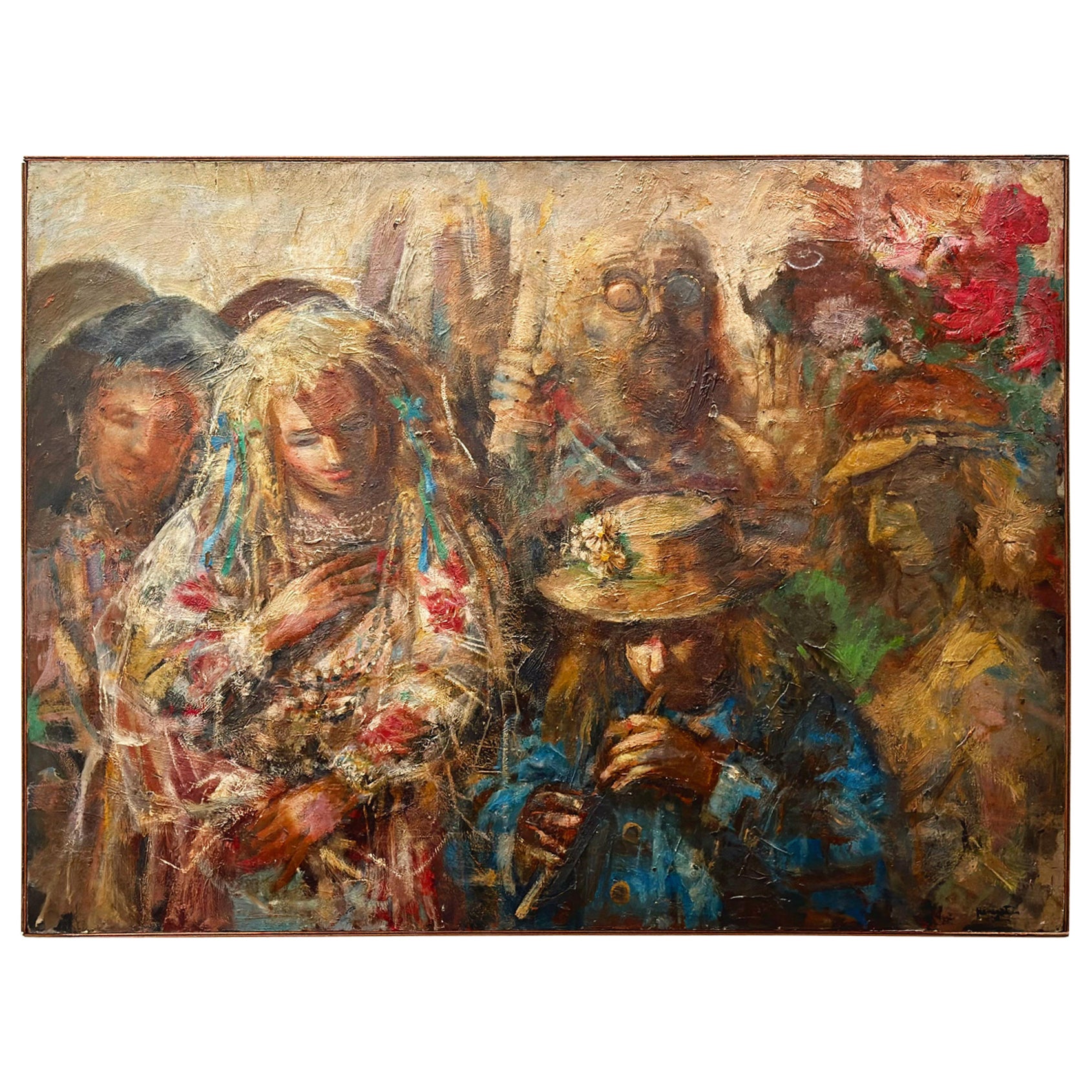 Jonah Kinigstein - huile sur panneau impressionniste abstraite - mariage d'enfants à fleurs en vente