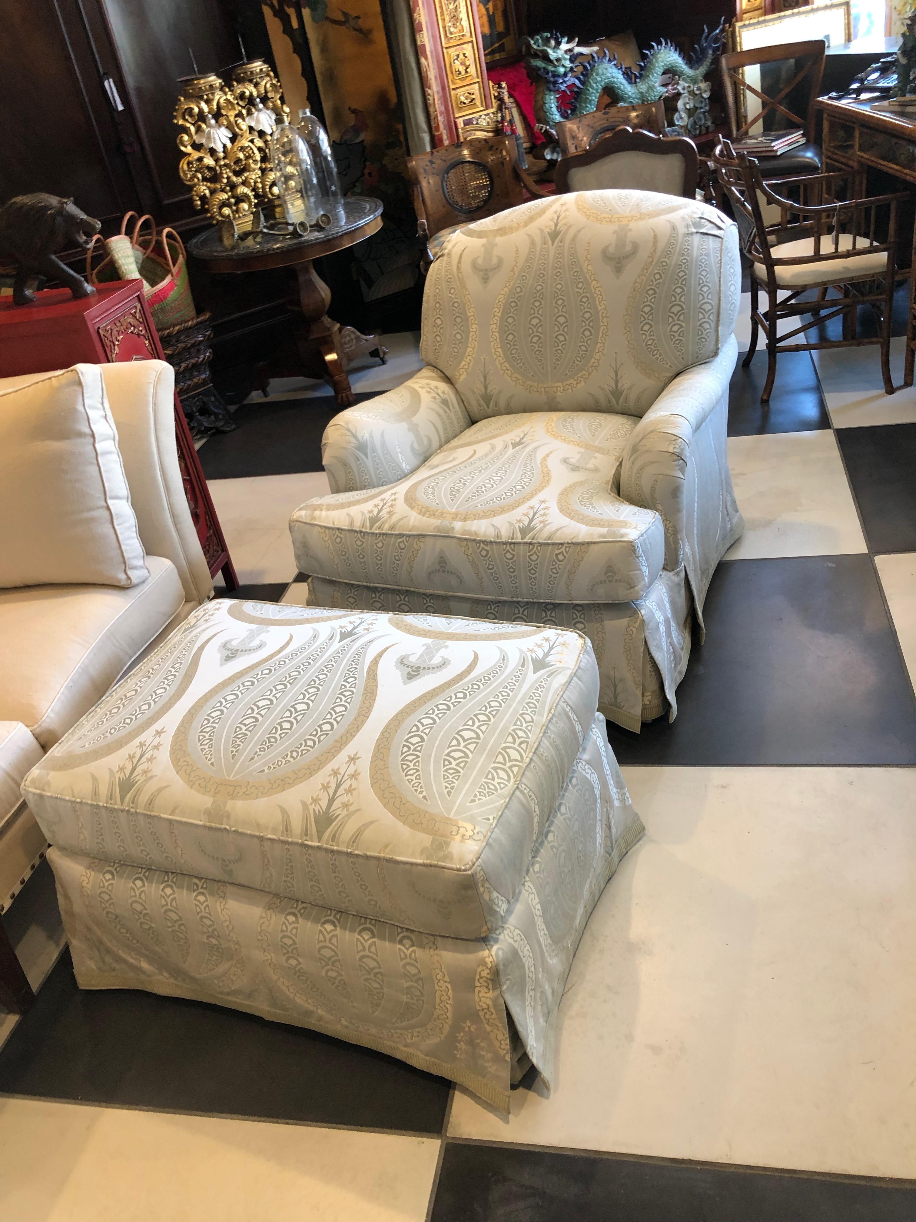 This Jonas armchair and ottoman is upholstered in Anna French fabric extra large and comfortable Rounded back at top not a spot or mark on it!
