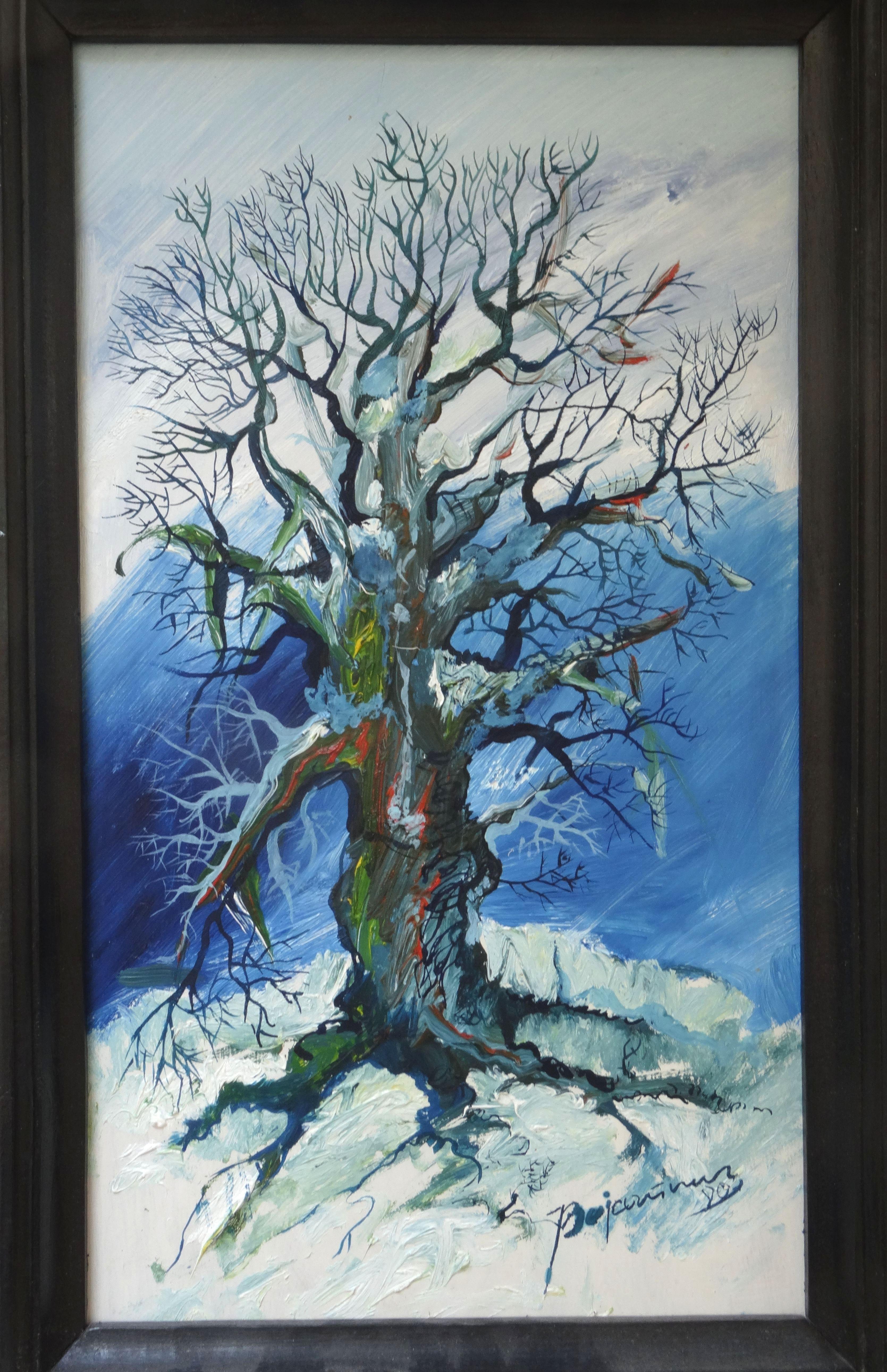 The old tree. 1980, cardboard, oil, 50x30 cm - Painting by Jonas Bajarunas