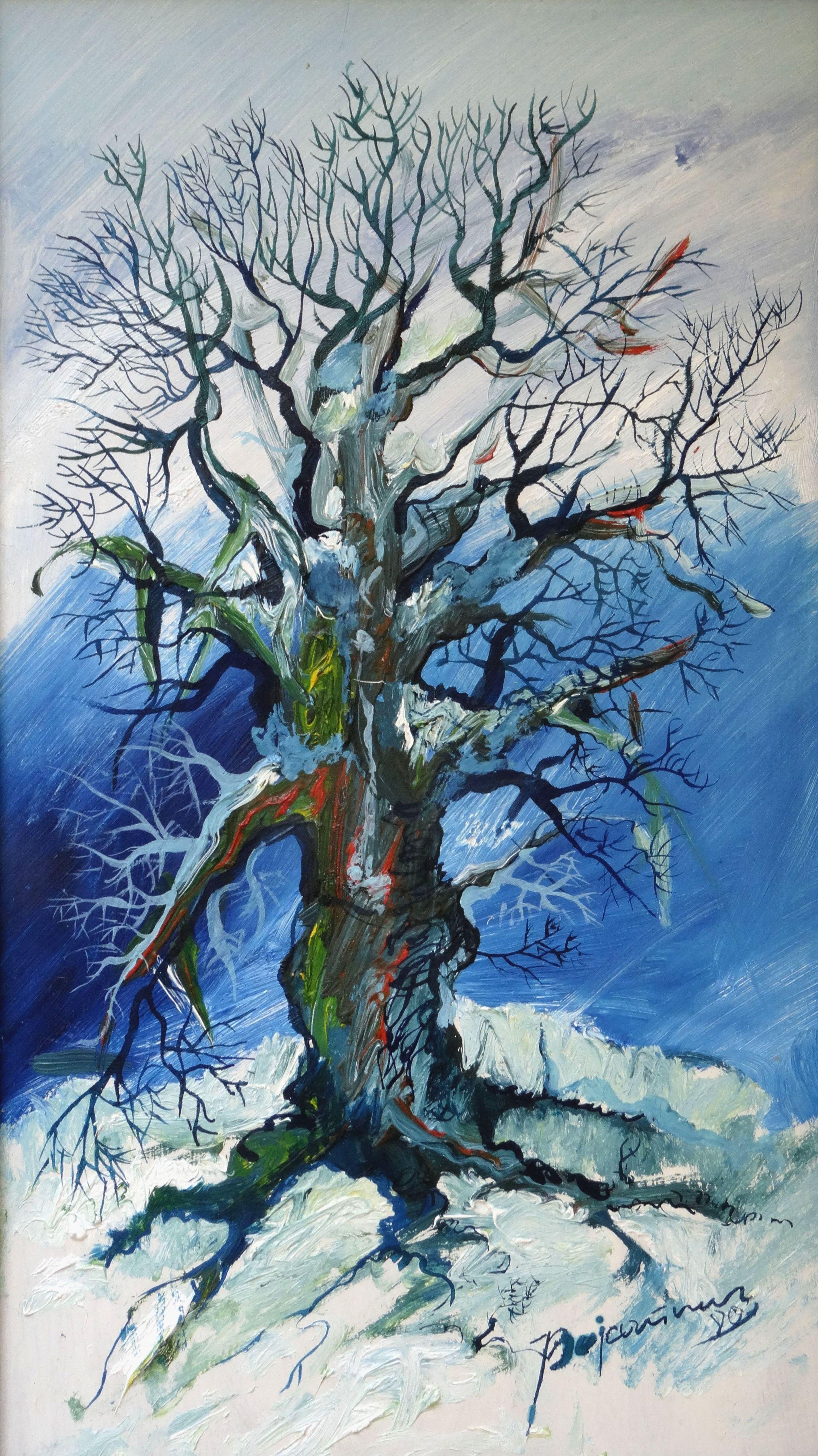 Jonas Bajarunas Landscape Painting - The old tree. 1980, cardboard, oil, 50x30 cm