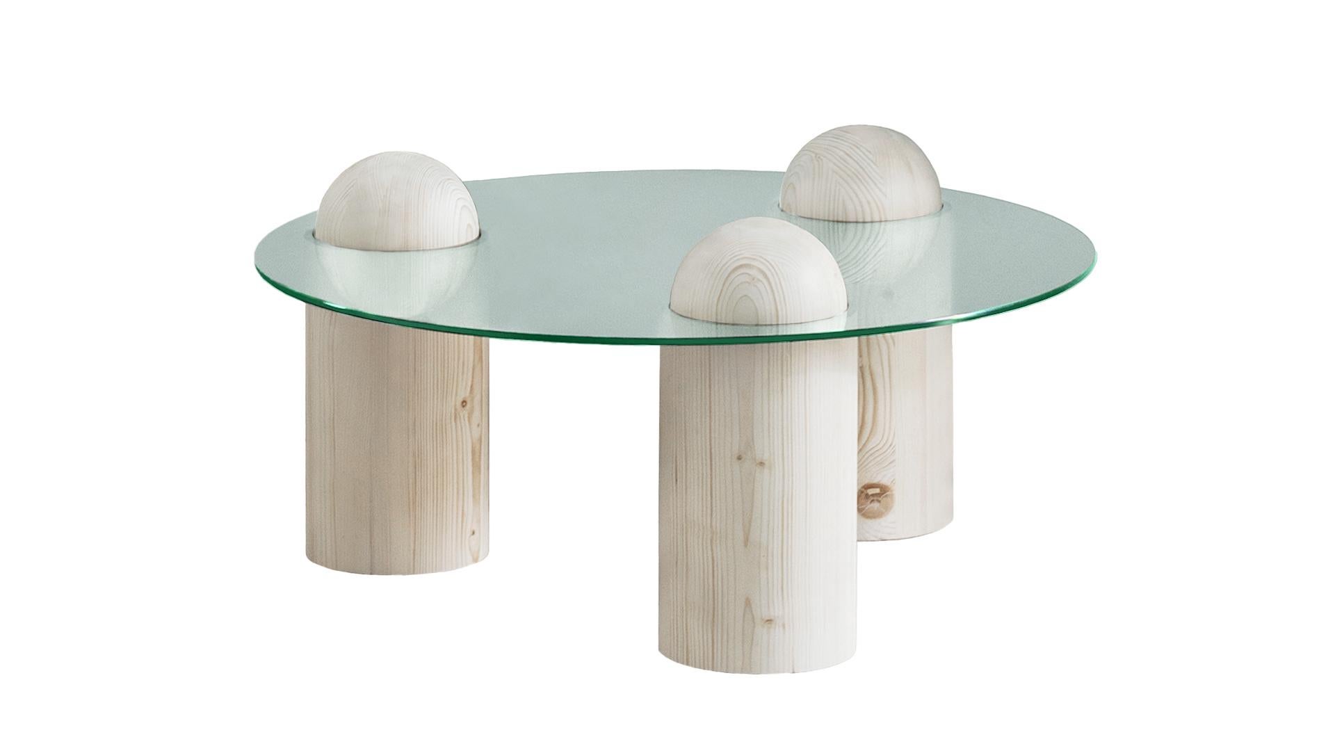 Jonas coffee table by LI-AN-LO Studio
Dimensions: ø 90 x 44 cm.
Materials: Spruce and clear tempered glass.

Clear or bronze coloured glass top options available.

JONAS is a coffee table that stands steady on the ground on three stable legs