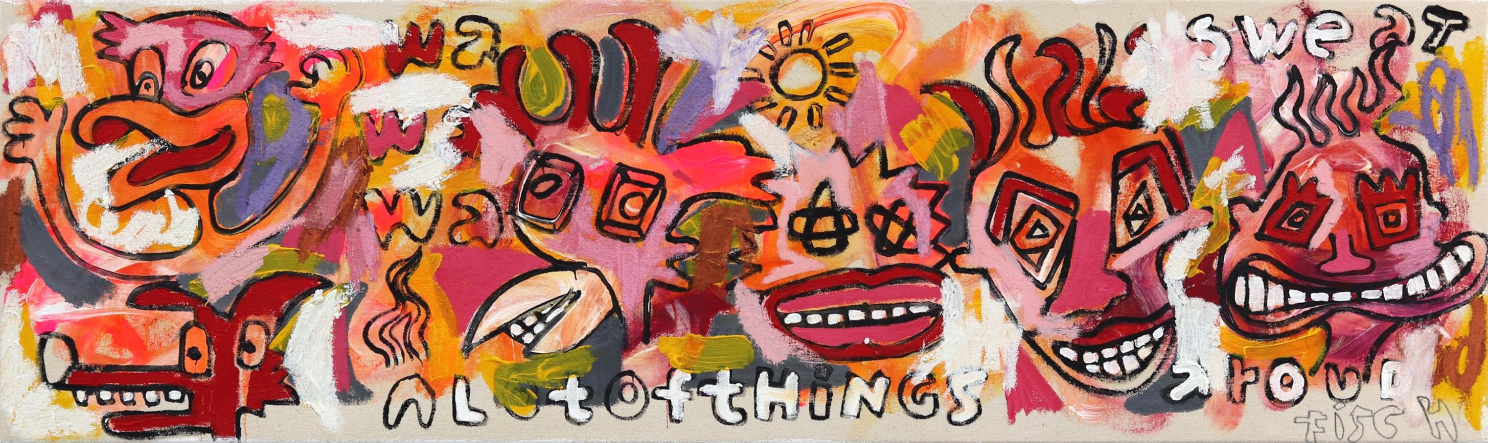 A Lot of Things – Rotes Originalgemälde des abstrakten Expressionismus, Straßenkunst – Mixed Media Art von Jonas Fisch