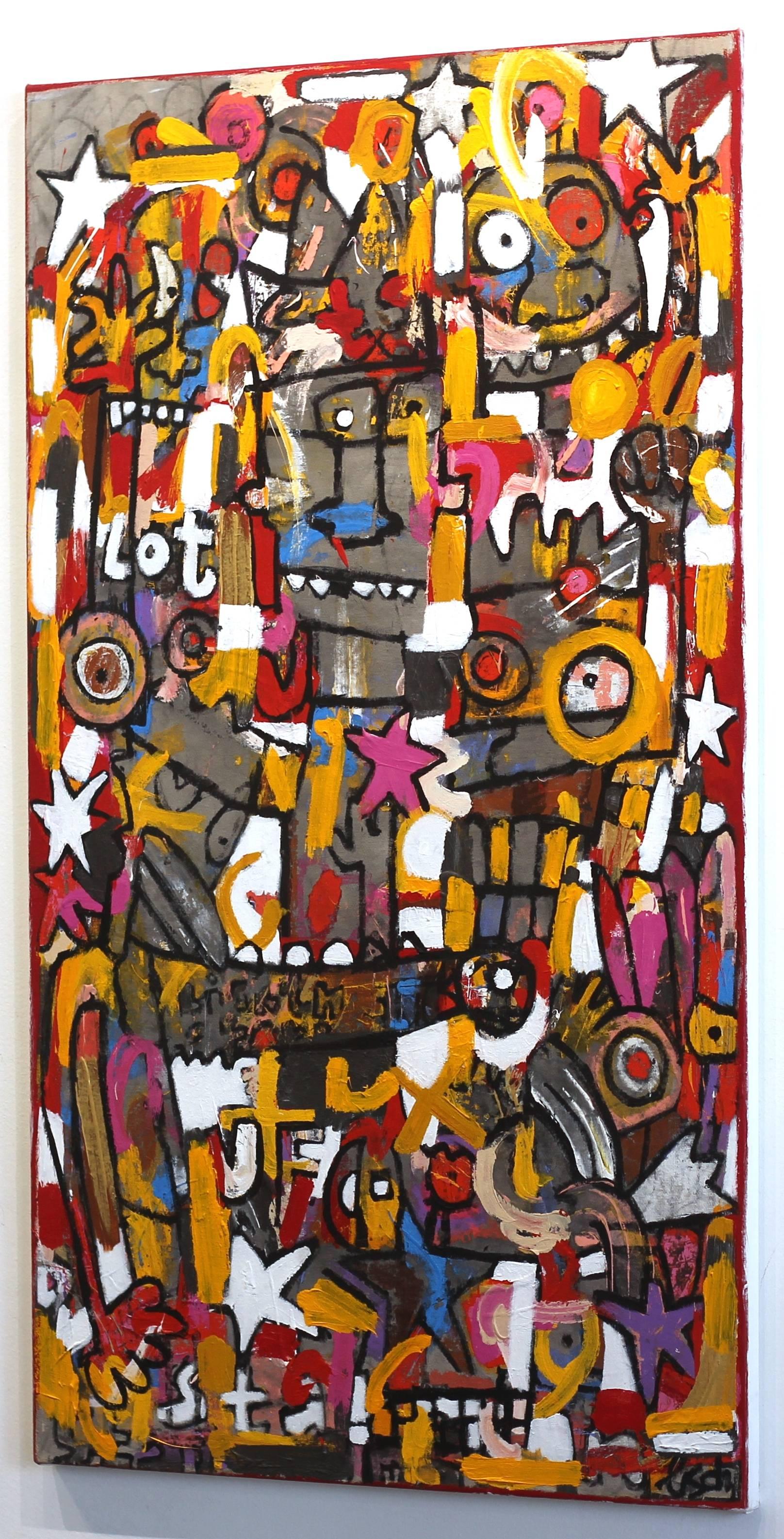 Swedish artist Jonas Fisch’s imagery is vibrantly buzzing with colorful commentary on society, past and present, morphed into figures, words and shapes. His heavily layered canvases are the foundations of a new dialogue.

This 56 inch tall by 33