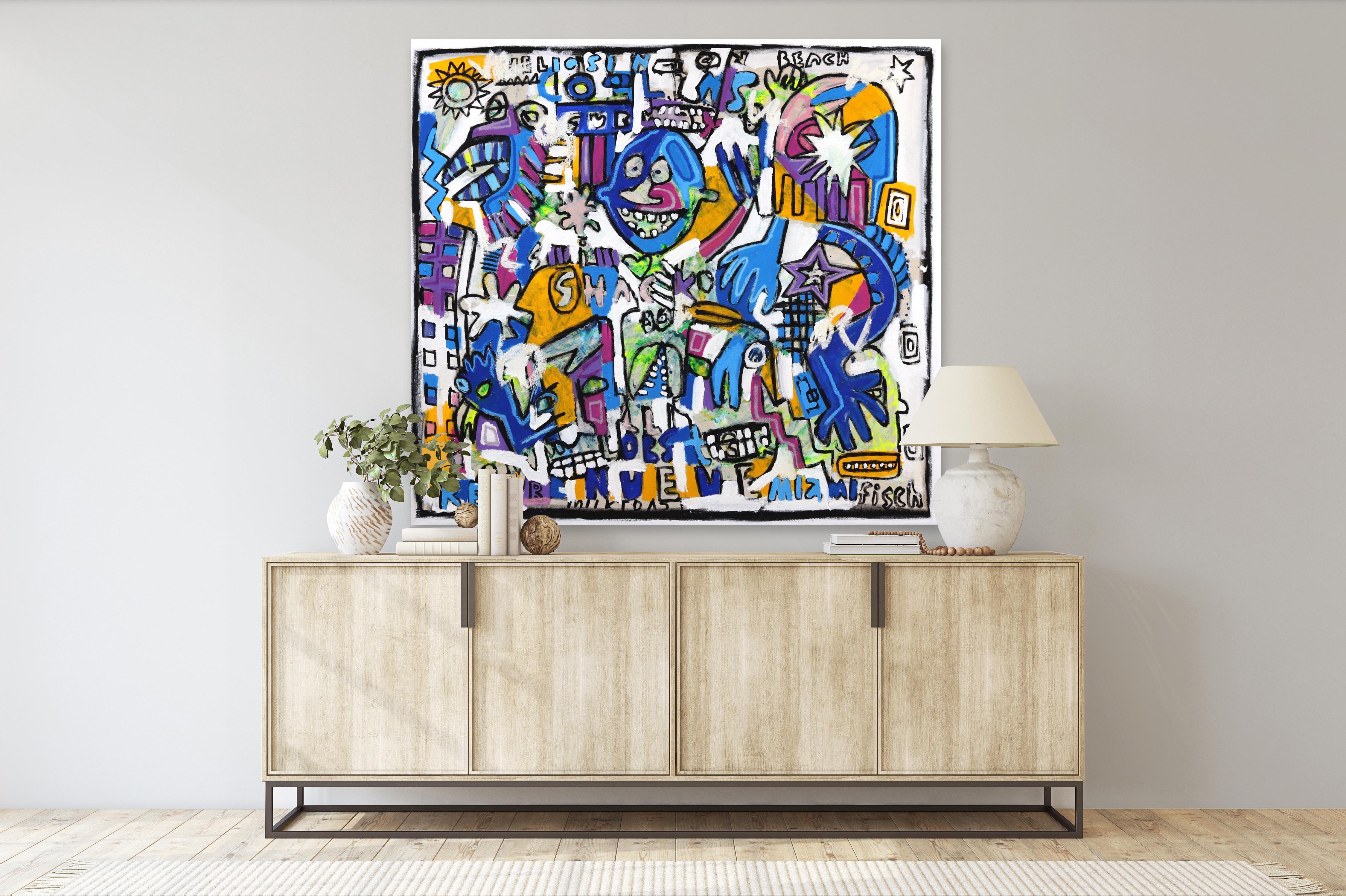 Sparamonete - Stratificazione di figure astratte blu Pittura contemporanea in vendita 1