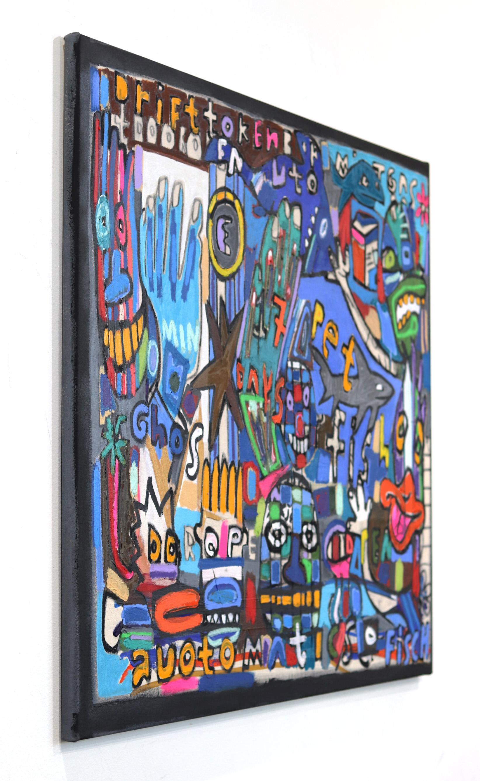 Pesce fantasma - Pittura originale astratta spontanea a tecnica mista figurativa - Abstract Painting Viola di Jonas Fisch
