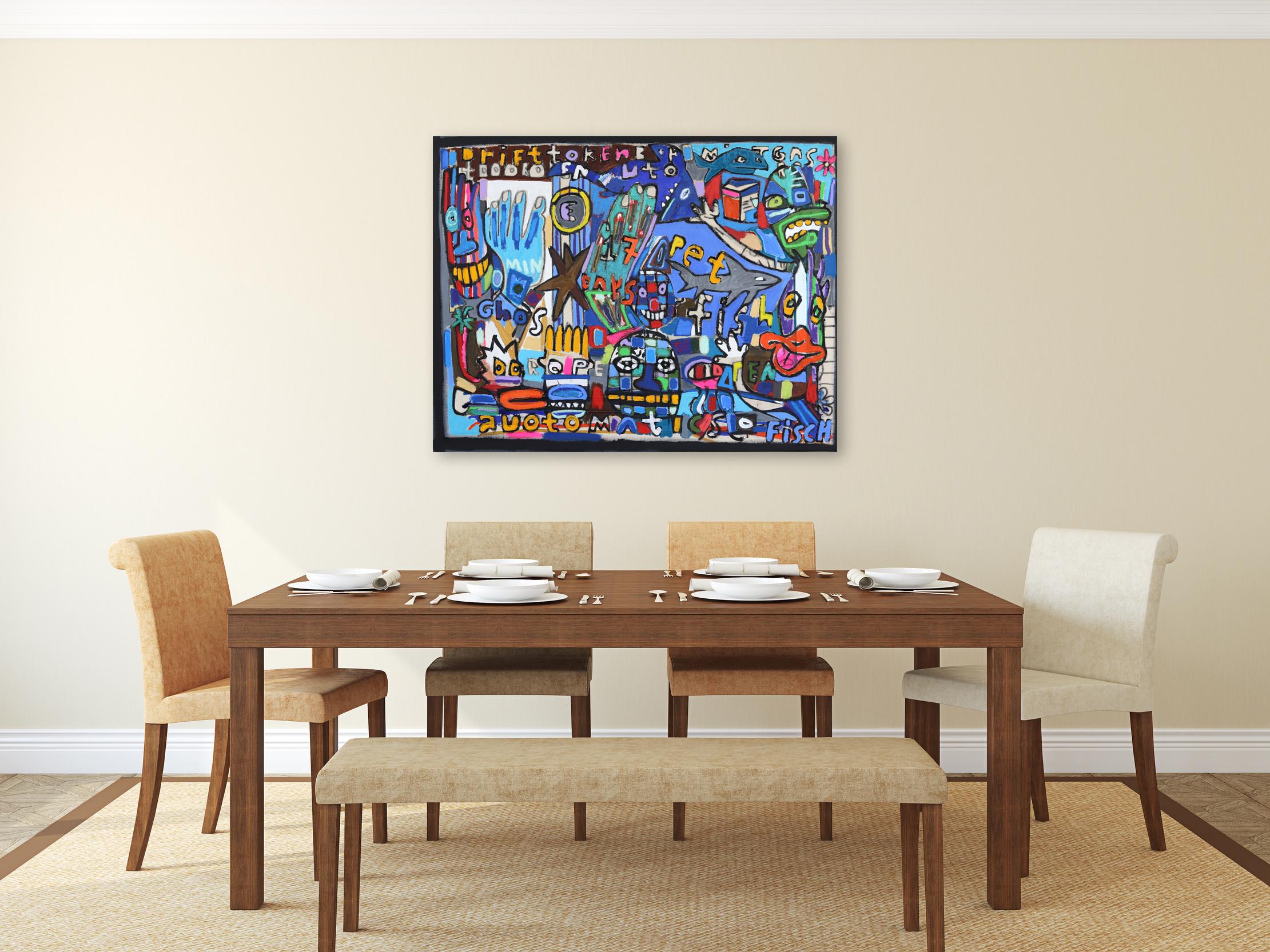Pesce fantasma - Pittura originale astratta spontanea a tecnica mista figurativa in vendita 1