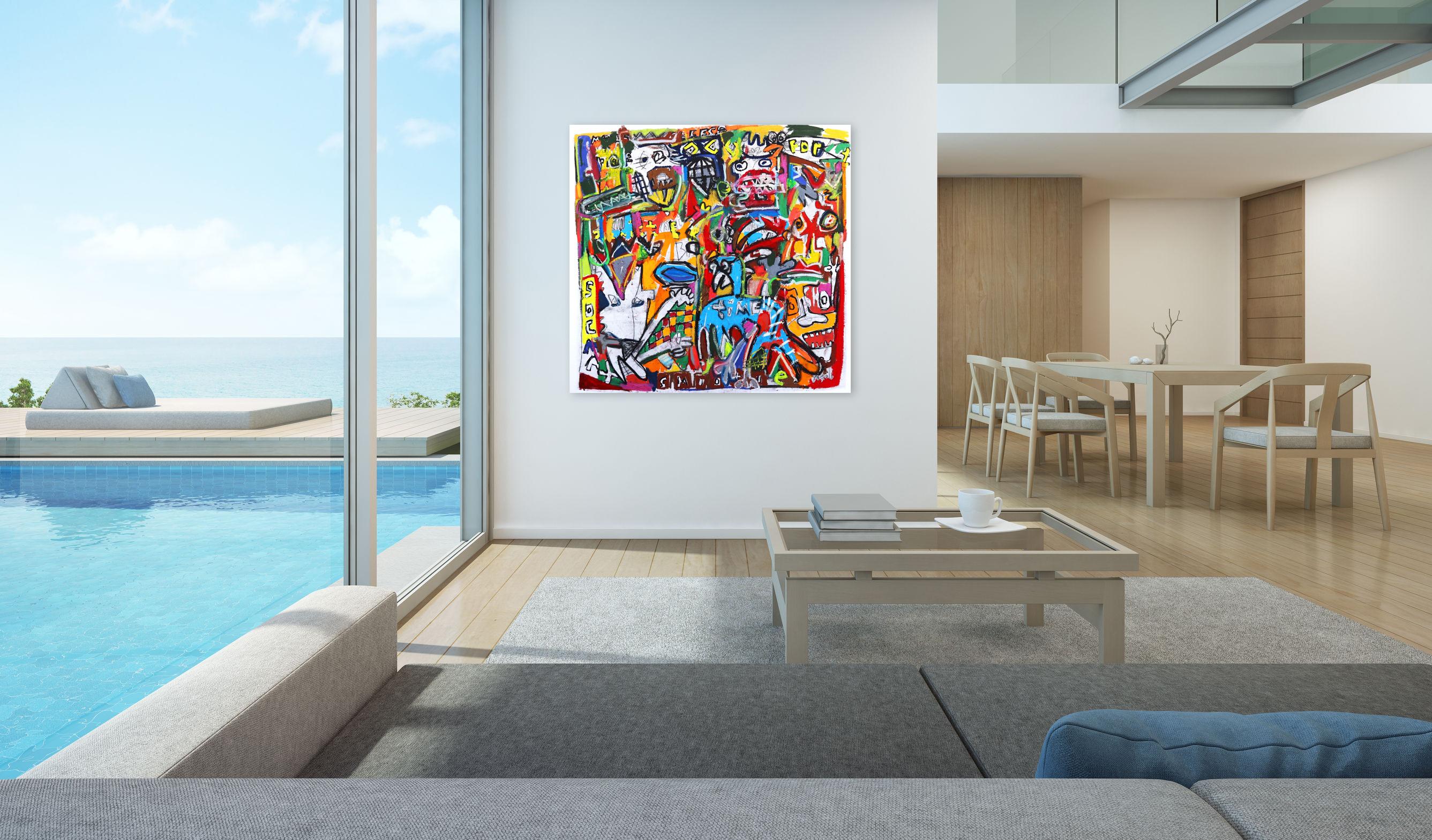 Jungling Earth Timeshare - Arte figurativa espressionista colorata e di grandi dimensioni - Mixed Media Art Espressionismo astratto di Jonas Fisch