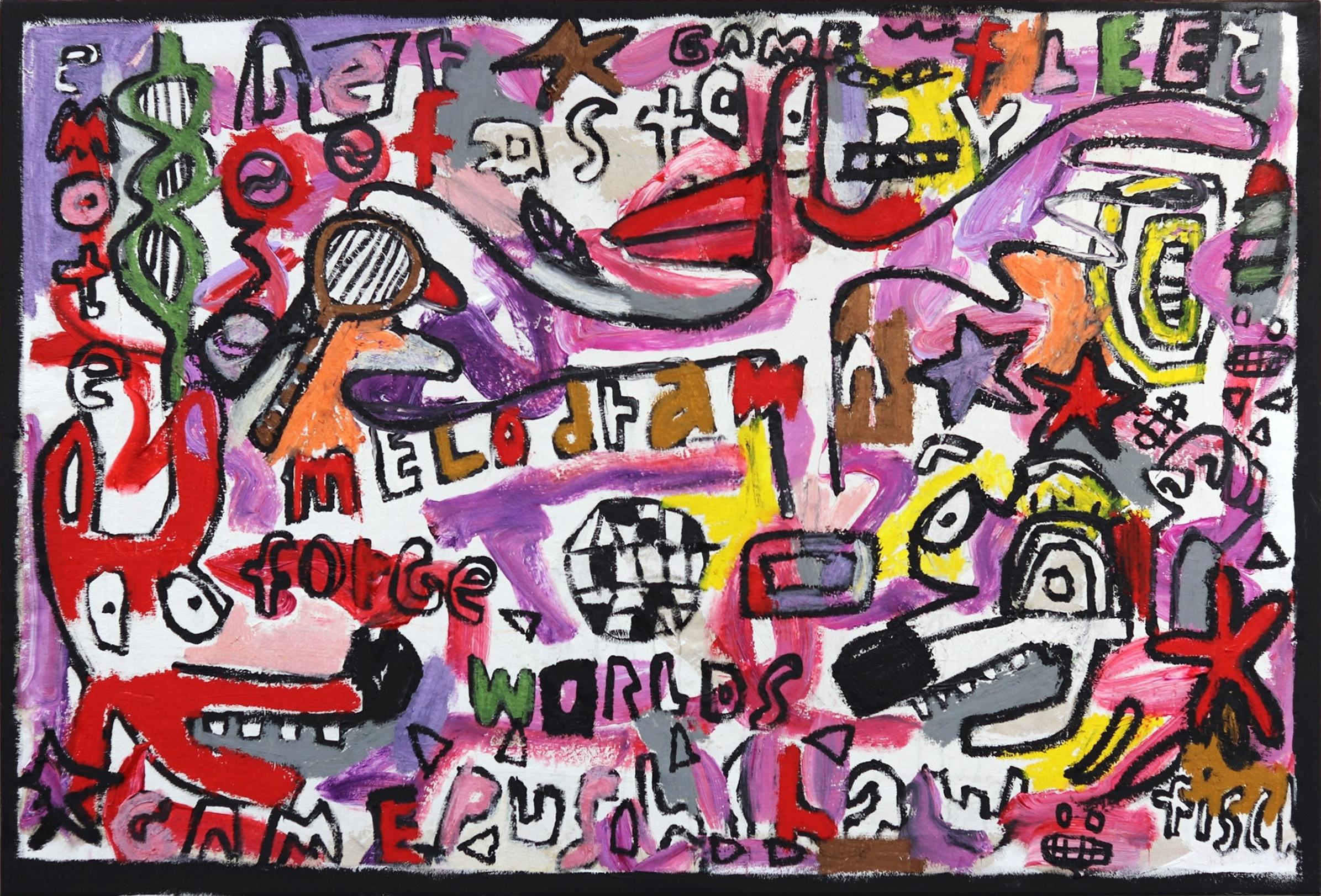 Just A Game - Large Layered Purple Red Figures and Shapes Painting on Canvas