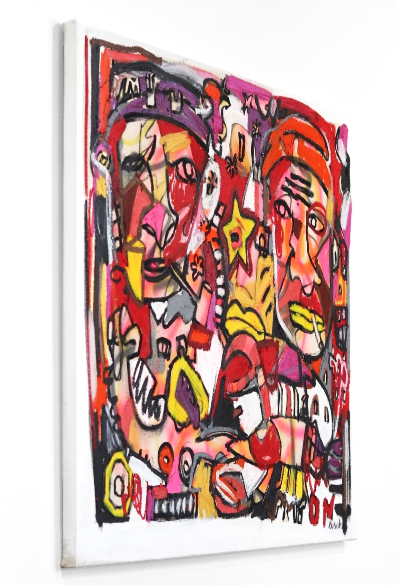 Los marginados - Gran pintura original figurativa abstracta textural de arte callejero en venta 1