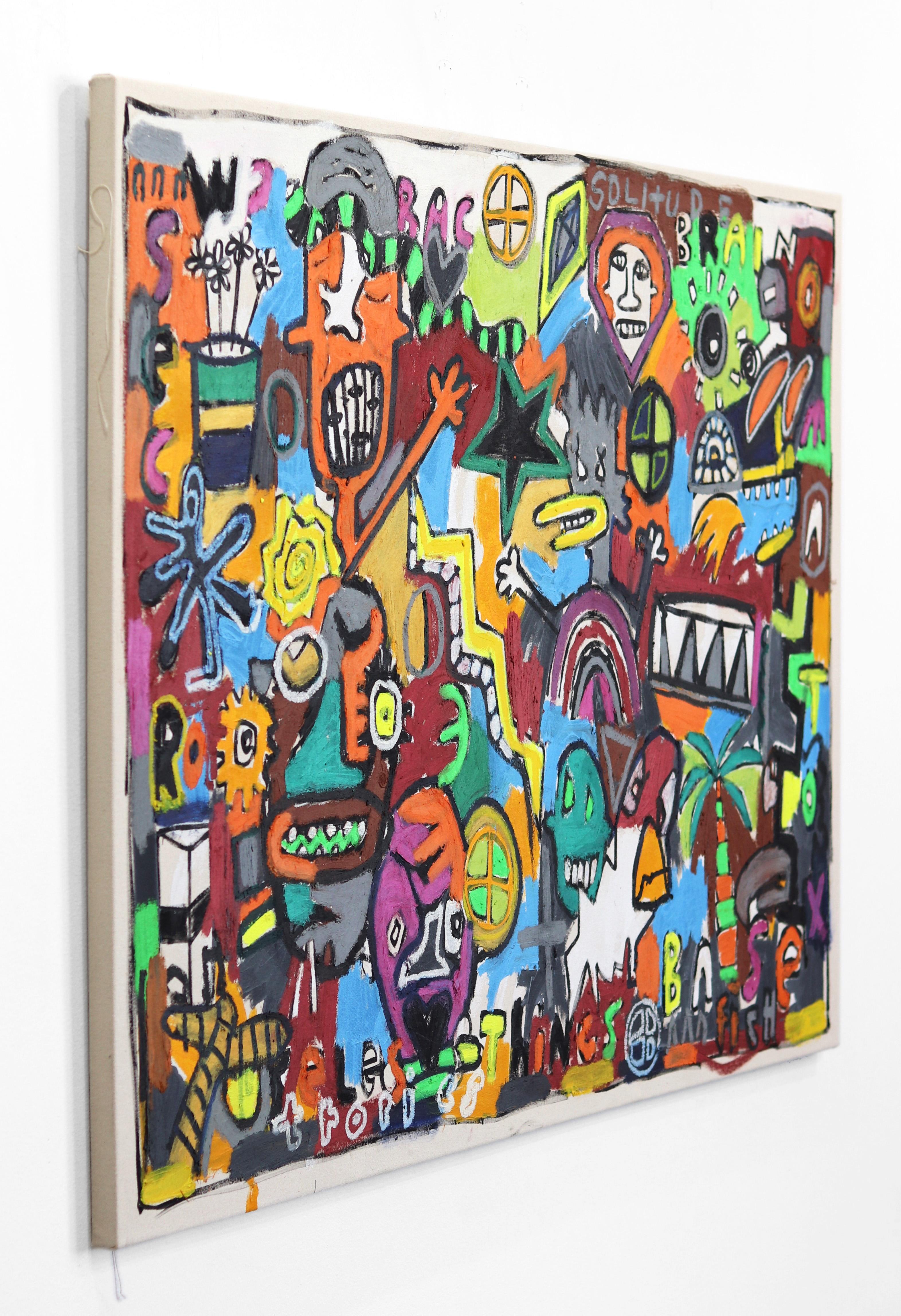 Swedish artist Jonas Fisch’s imagery is vibrantly buzzing with colorful commentary on society - past and present - morphed into figures, words, and shapes. His heavily layered canvases are the foundations of a new visual dialogue. Fisch paints with