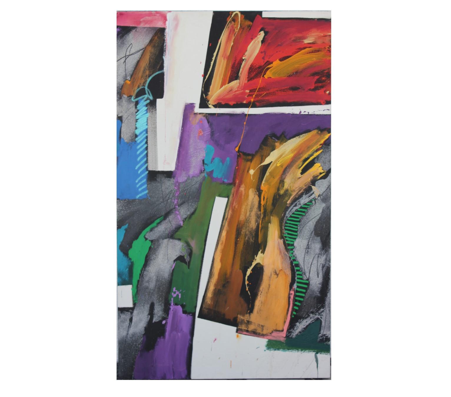 Three canvas triptych flowing movement of geometric shapes in various colors. Painting has textured sand mixed into the movement of shapes. Sold in a set of three. Canvases are not framed.
Dimensions of Single Panel: H 72 in. x W 42 in. x D 1.5