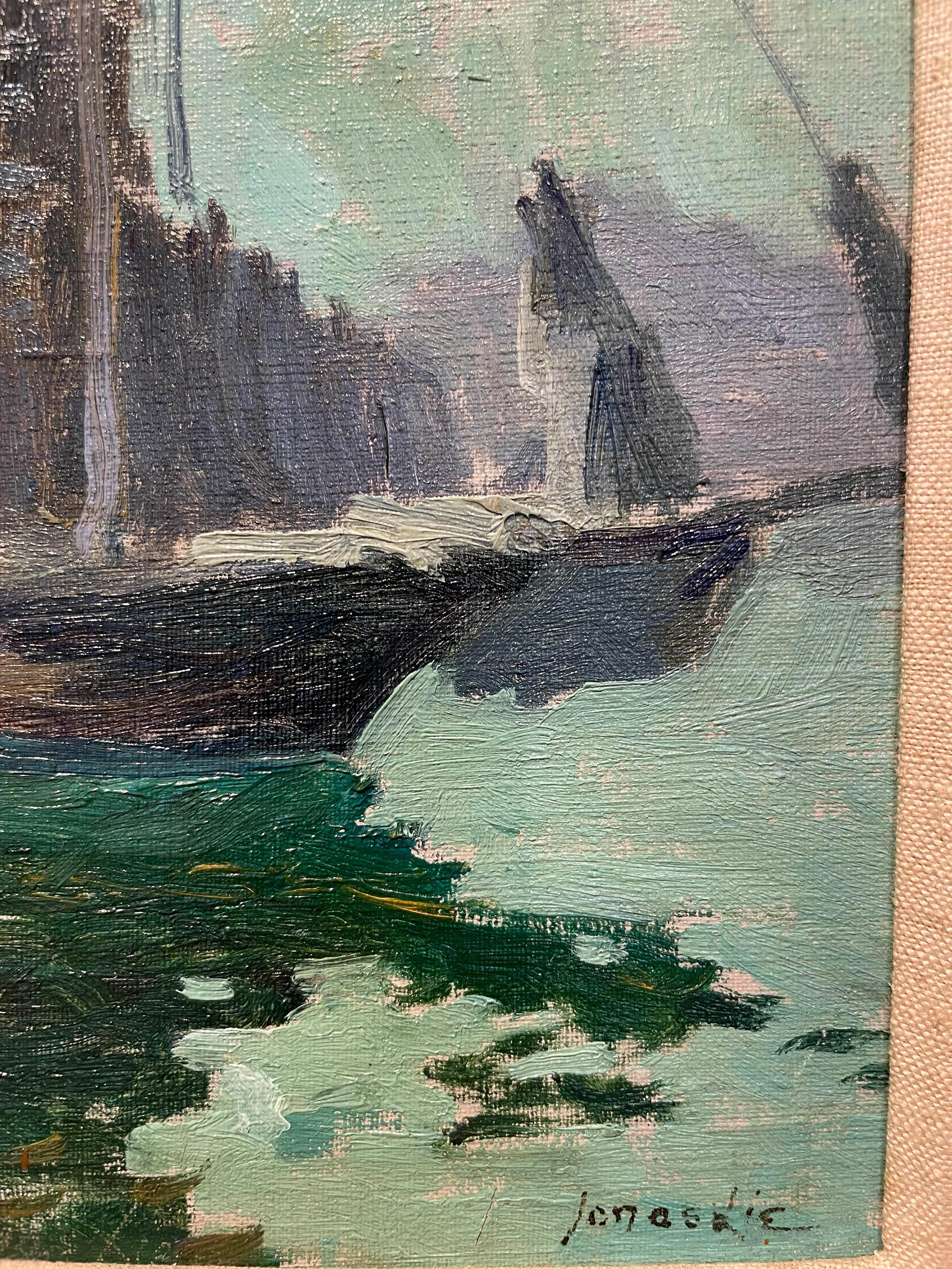 Barca alla fine di un pontile, paesaggio marino scena costiera del New England in vendita 6