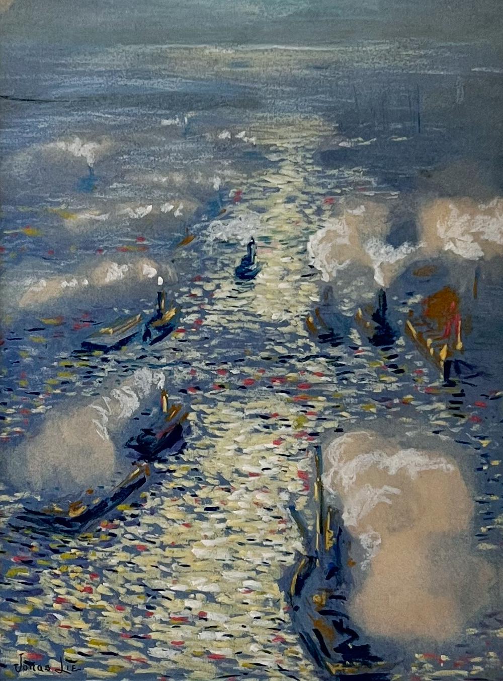 New York City Impressionist Painting.  Coastal Steamships in Art Deco Frame. - Brown Landscape Painting by Jonas Lie