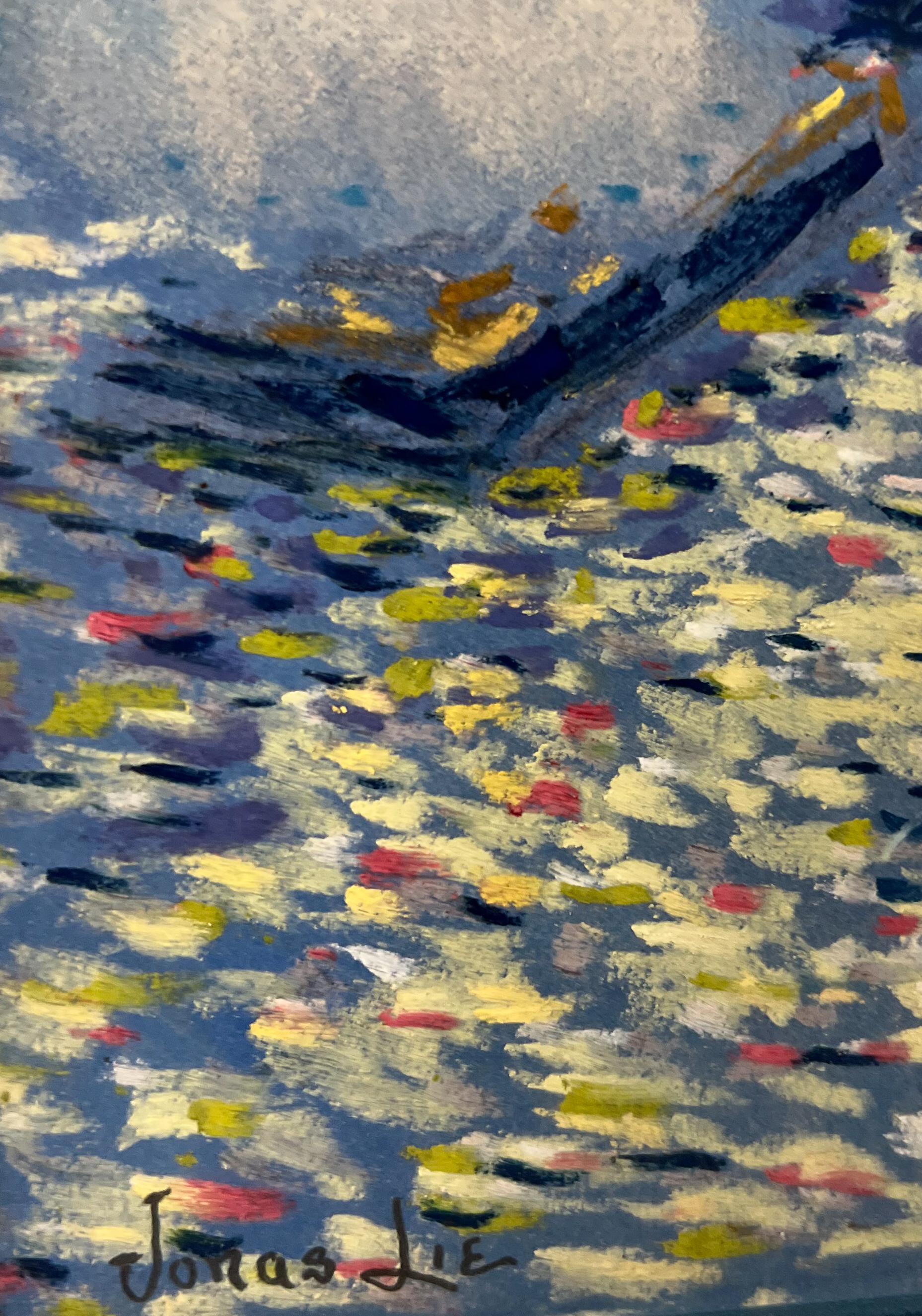 A wonderful depiction of modern transportation and American industrialism in the early 20th Century.  This painting of steamships around New York City is done in an impressionistic style by the accomplished artist Jonas Lie (1880 -1940).   Possibly