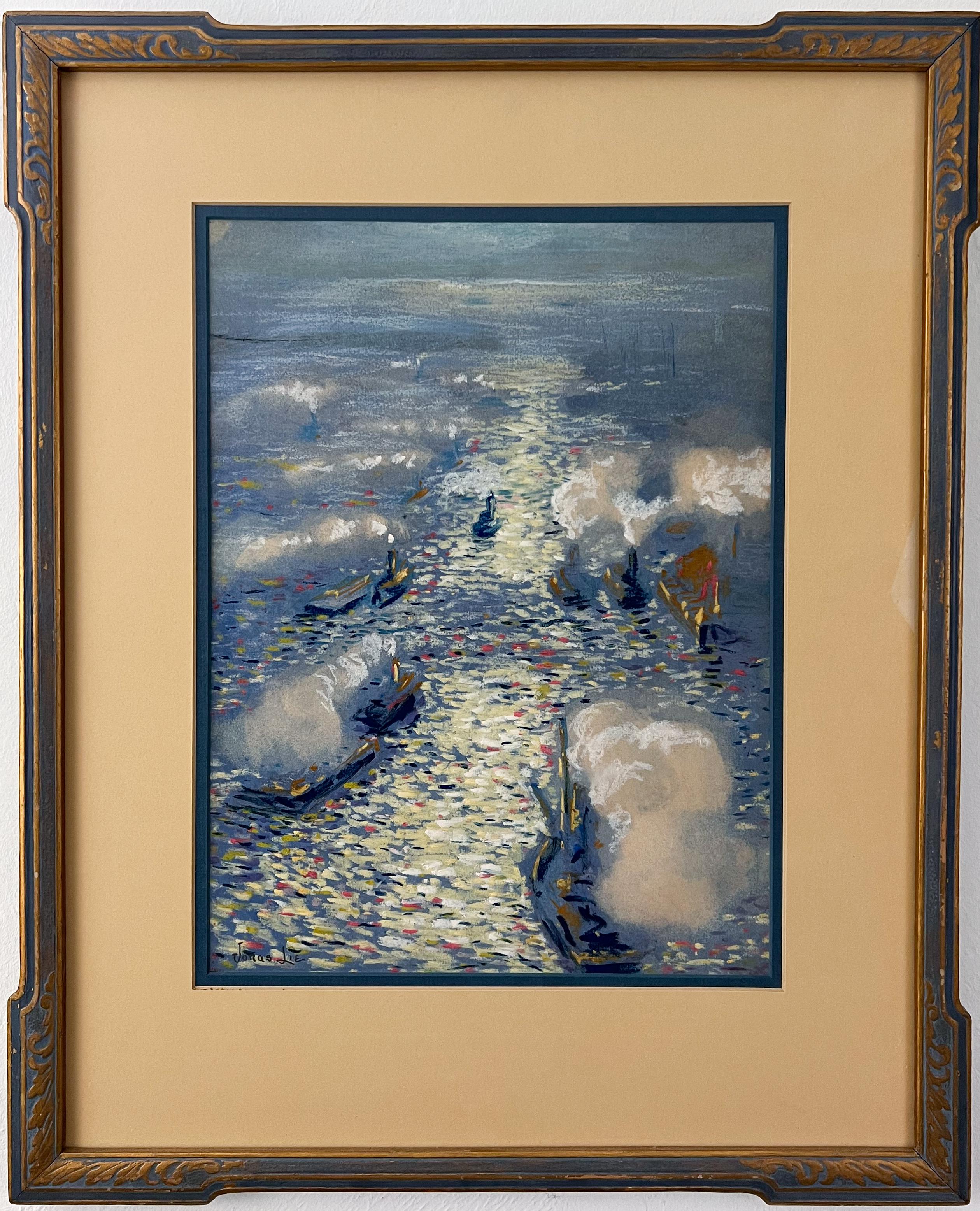 Jonas Lie Landscape Painting - New York City Impressionist Painting.  Coastal Steamships in Art Deco Frame.