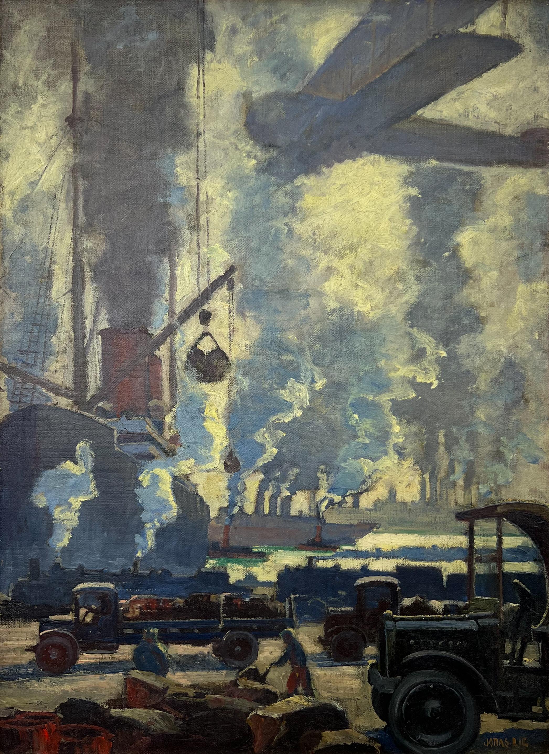 The Spirit of Transportation Painting.  Industrial Scene-Planes and Automobiles - Gray Landscape Painting by Jonas Lie