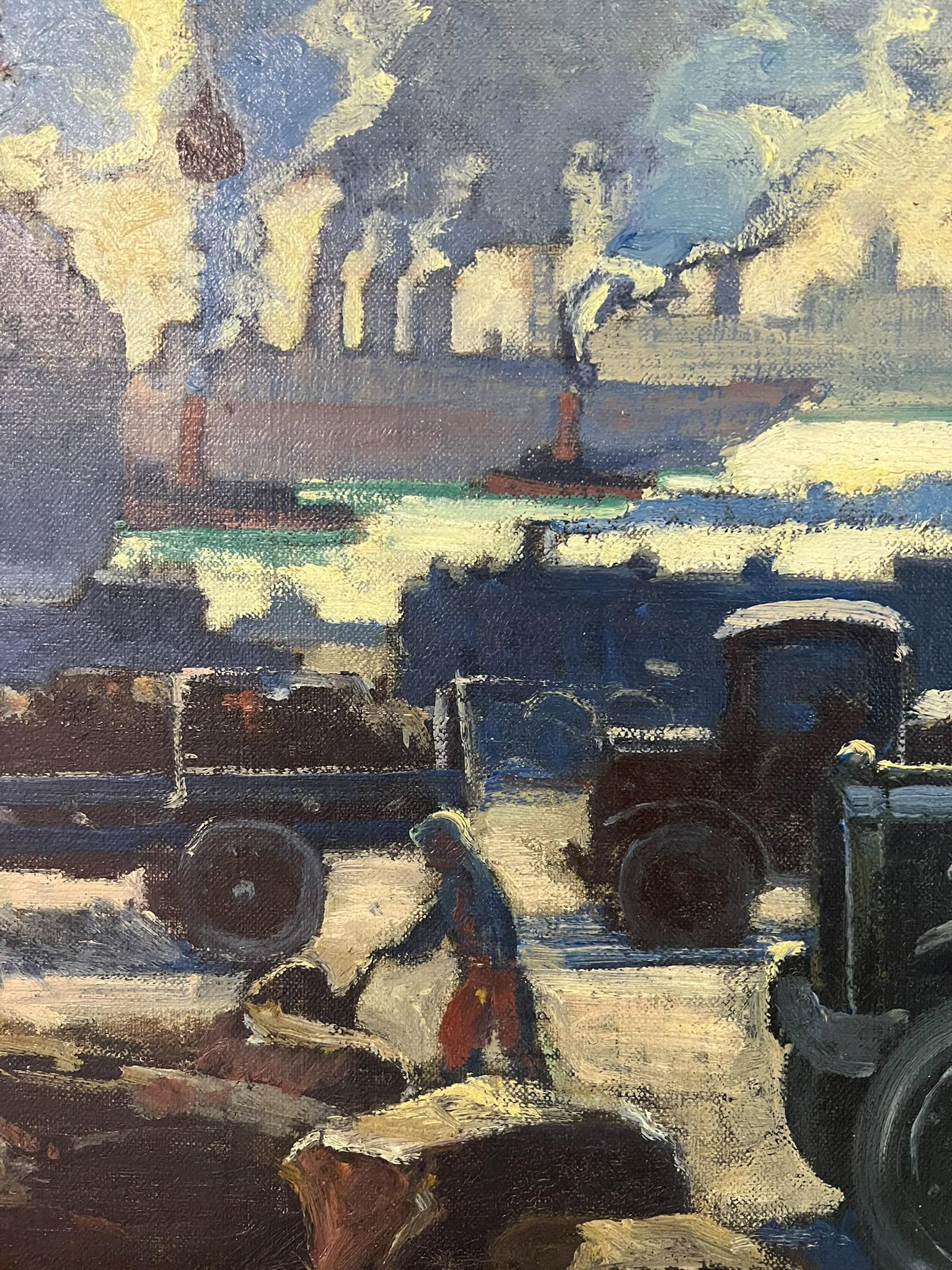 A wonderful depiction of modern transportation and American industrialism in the early 20th Century.  This painting is beautifully done in an impressionistic style by the accomplished artist Jonas Lie (1880 -1940). 

This painting was exhibited in