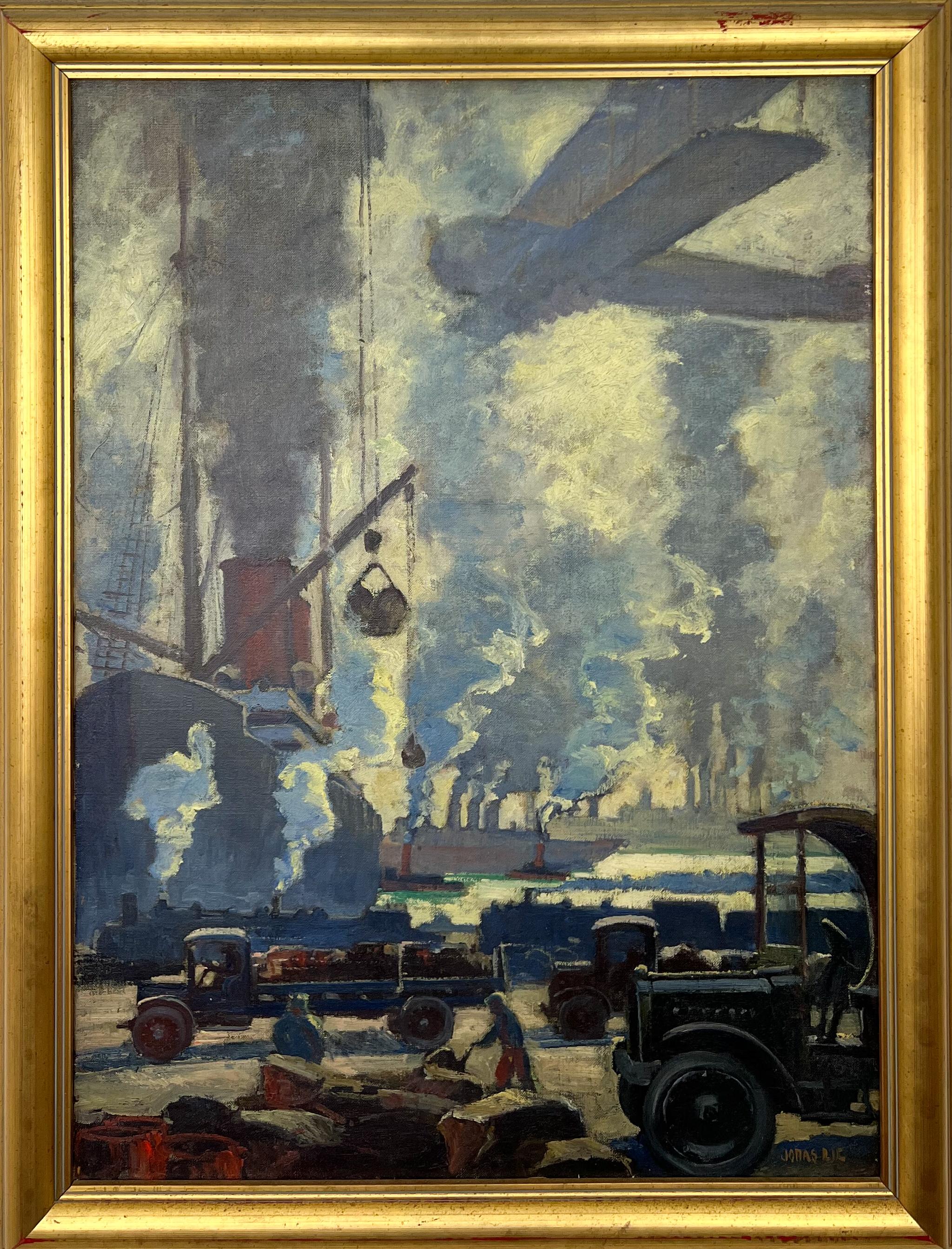 Jonas Lie Landscape Painting - The Spirit of Transportation Painting.  Industrial Scene-Planes and Automobiles
