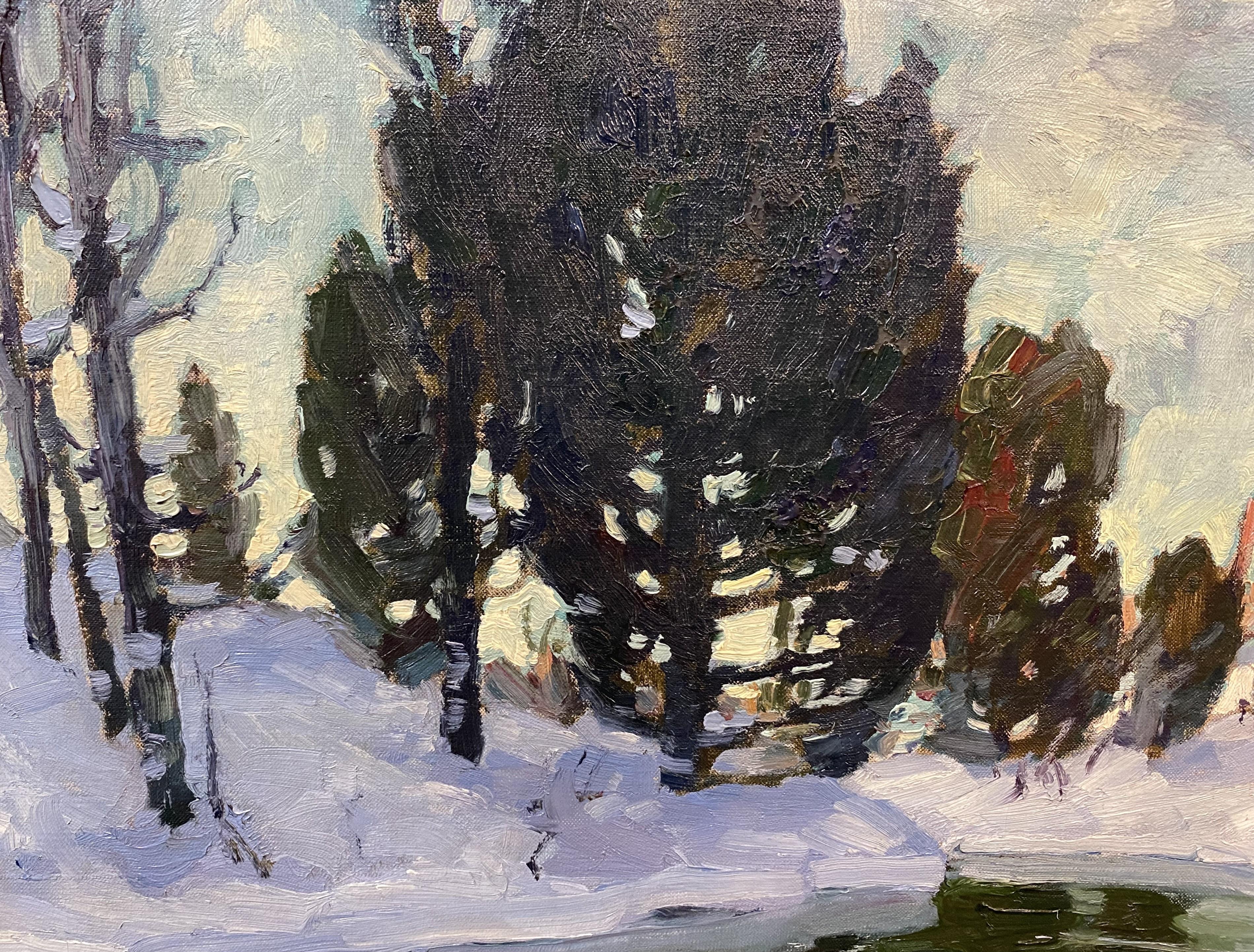 Fino paisaje impresionista de un arroyo invernal del artista estadounidense Jonas Lie (1880-1940). Lie nació en Moss (Noruega), hijo de un consumado ingeniero noruego y de madre estadounidense.  Llamado así por su tío, novelista y amigo íntimo de