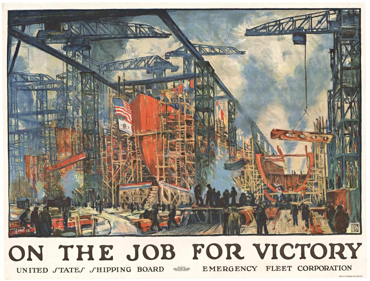 Jonas Lie Print - Original On the Job for Victory vintage WW1 lithograph poster.   