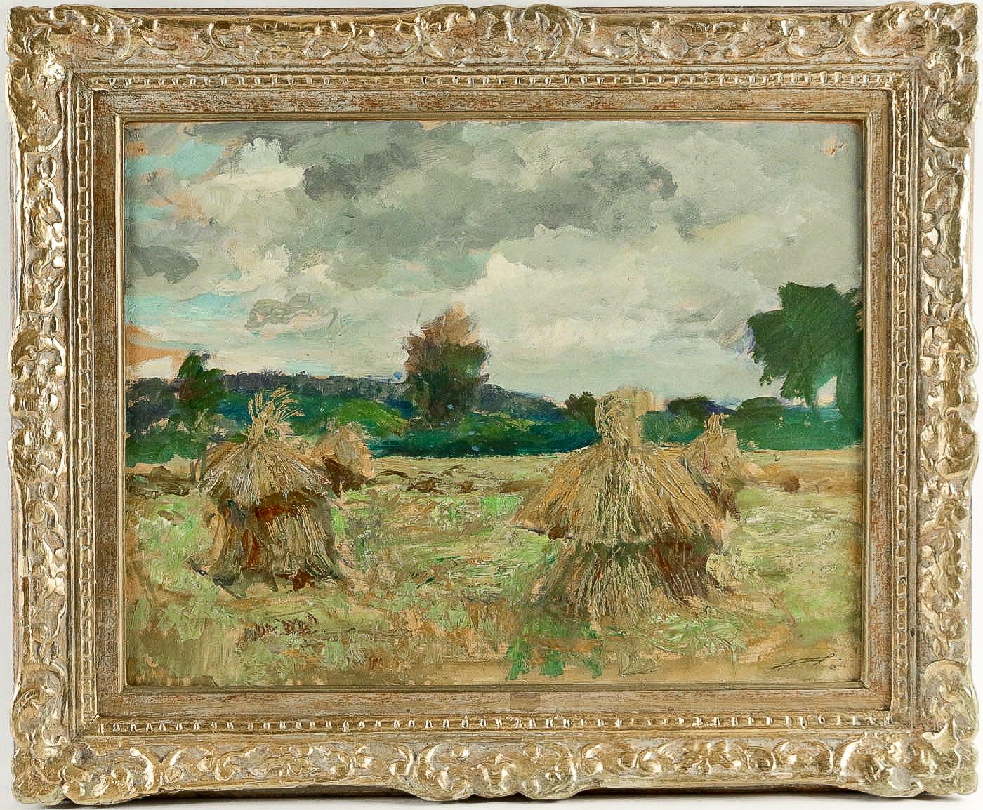 An exciting and decorative oil on panel depicting a Haystacks under the Thunderstorm. Our painting signed and dated 1946 on the lower right.

Fine original condition.

Dimensions unframed: W 25.19 In. - H 18.89 In.
Dimensions framed: W 31.49 In. - H