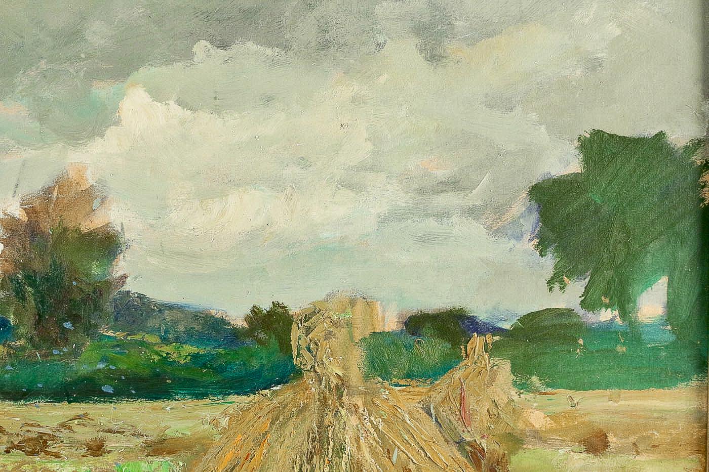French Jonas Lucien Oil on Pannel Haystacks under the Thunderstorm, circa 1946 For Sale