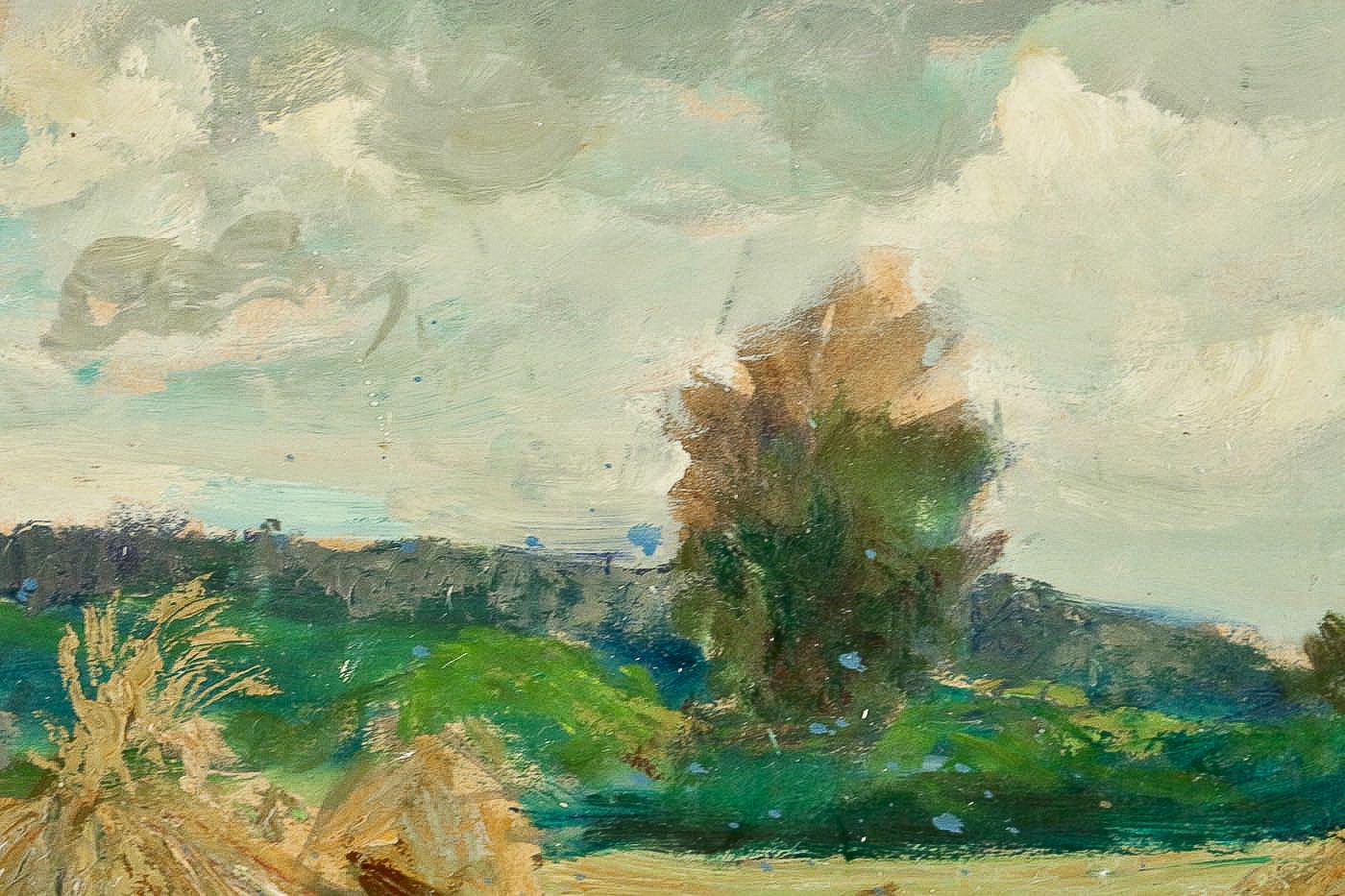 Oiled Jonas Lucien Oil on Pannel Haystacks under the Thunderstorm, circa 1946 For Sale