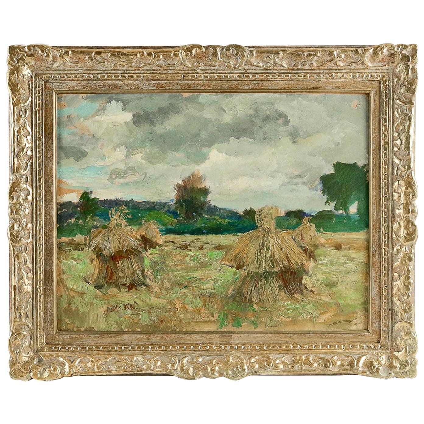 Jonas Lucien Oil on Pannel Haystacks under the Thunderstorm, circa 1946 For Sale